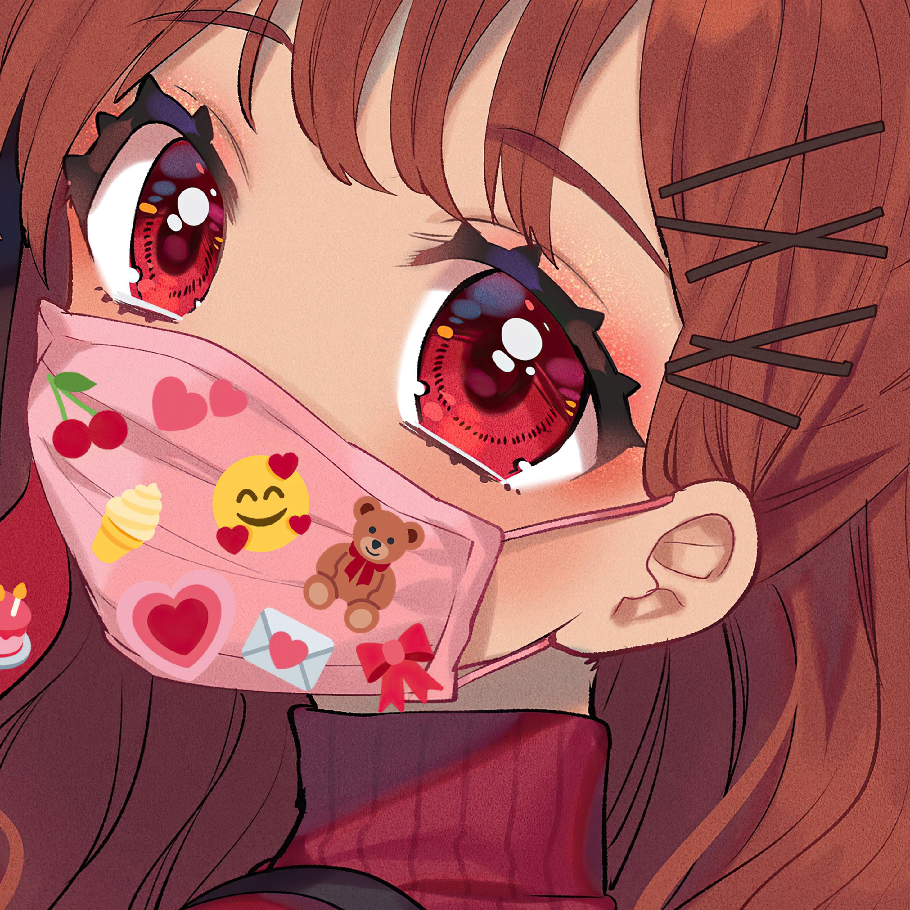 Anime girl with big eyes wearing a mask with hearts and teddy bears. - Eyes