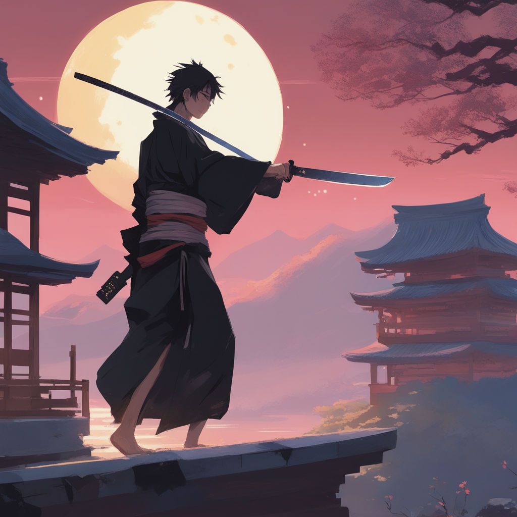 An anime character with a sword standing in front of a full moon - Samurai