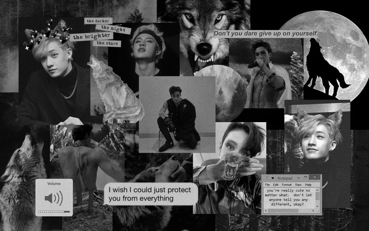 A collage of black and white photos of Kai, the members of TXT, and wolf imagery. - Bang Chan