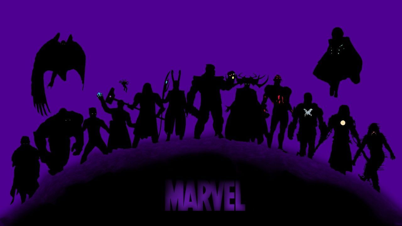 A purple background with silhouettes of many Marvel characters standing on a planet. - Avengers
