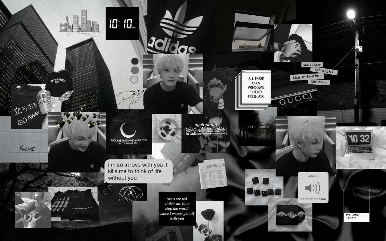 Black and white aesthetic wallpaper with photos of a boy, a city, and other random things. - Bang Chan, black