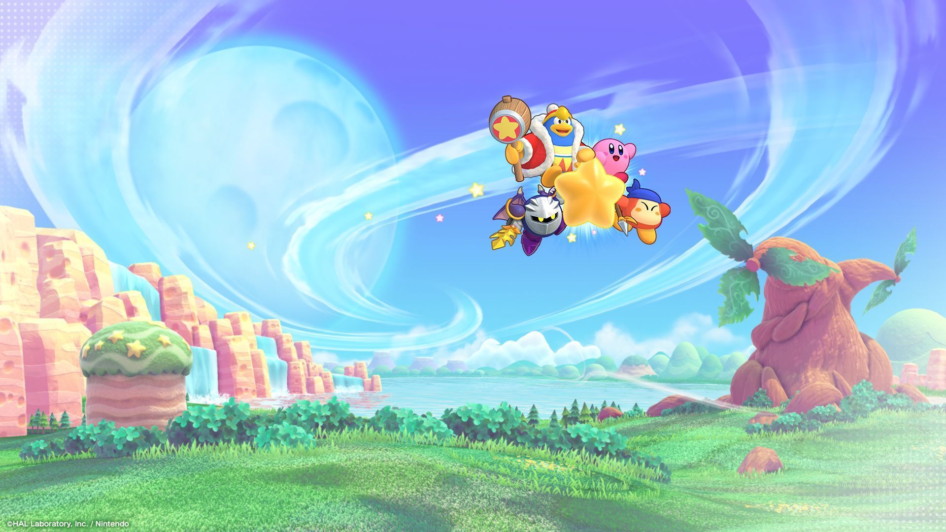 Characters from the game Kirby Star Allies fly through the air - Kirby