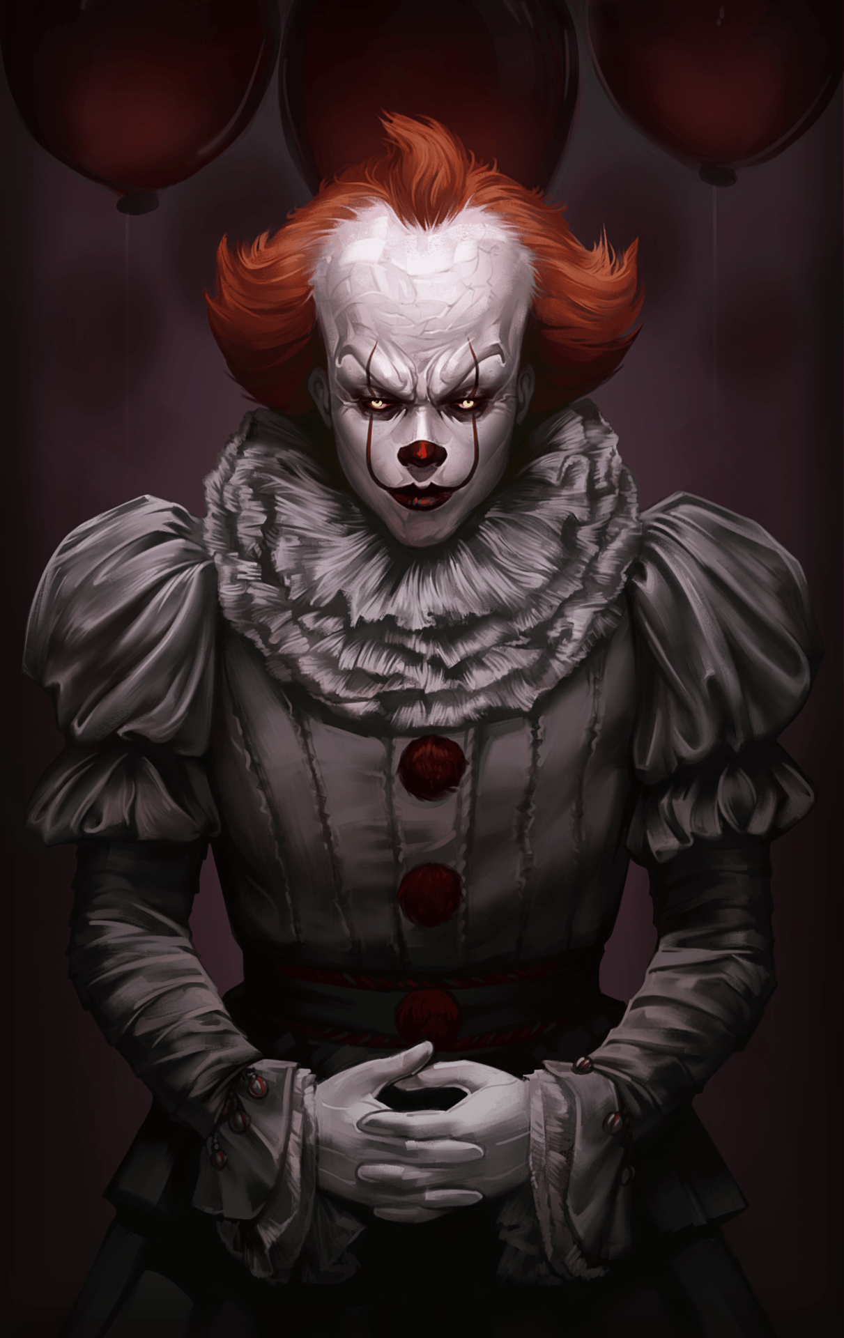 A clown with red hair holding red balloons - Pennywise