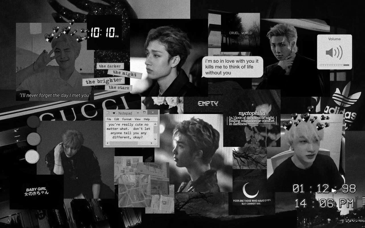 A collage of black and white photos of NCT's ten, including text messages and social media posts. - Bang Chan