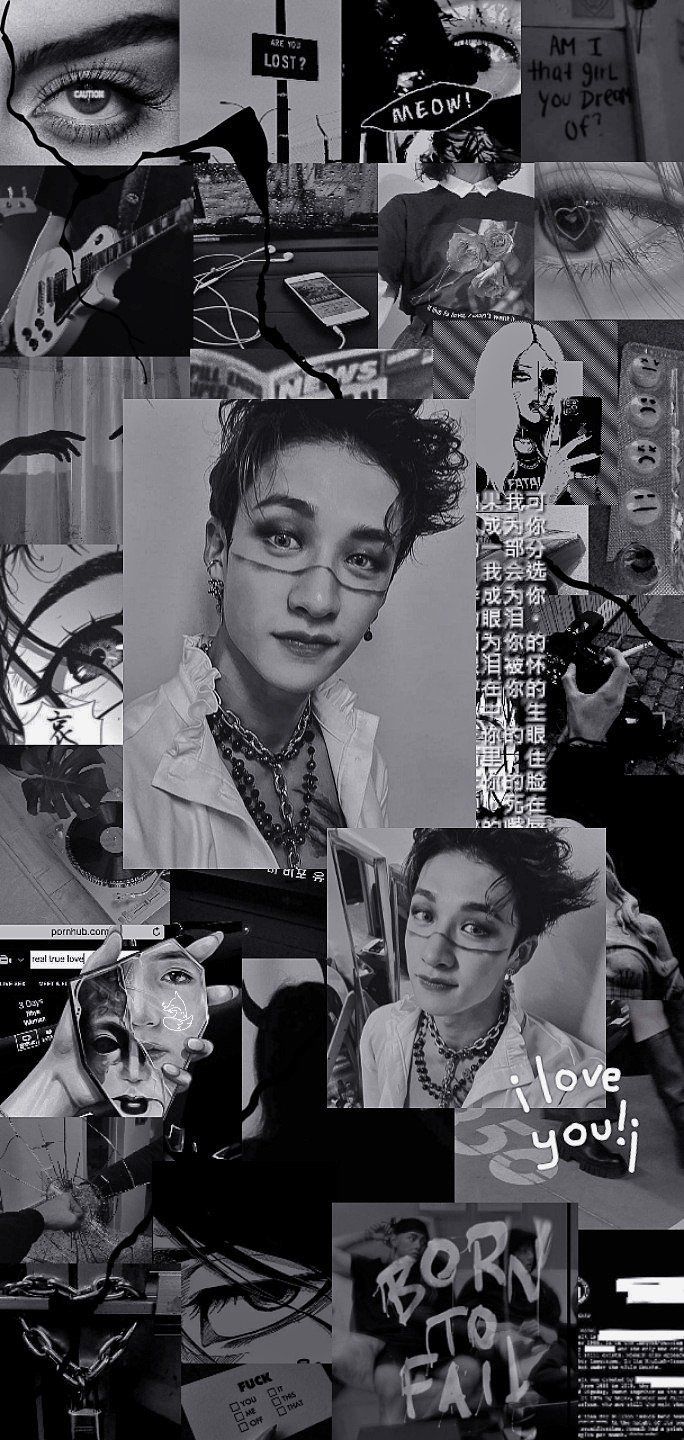 Black and white collage of images of the singer, Jackson Wang - Bang Chan