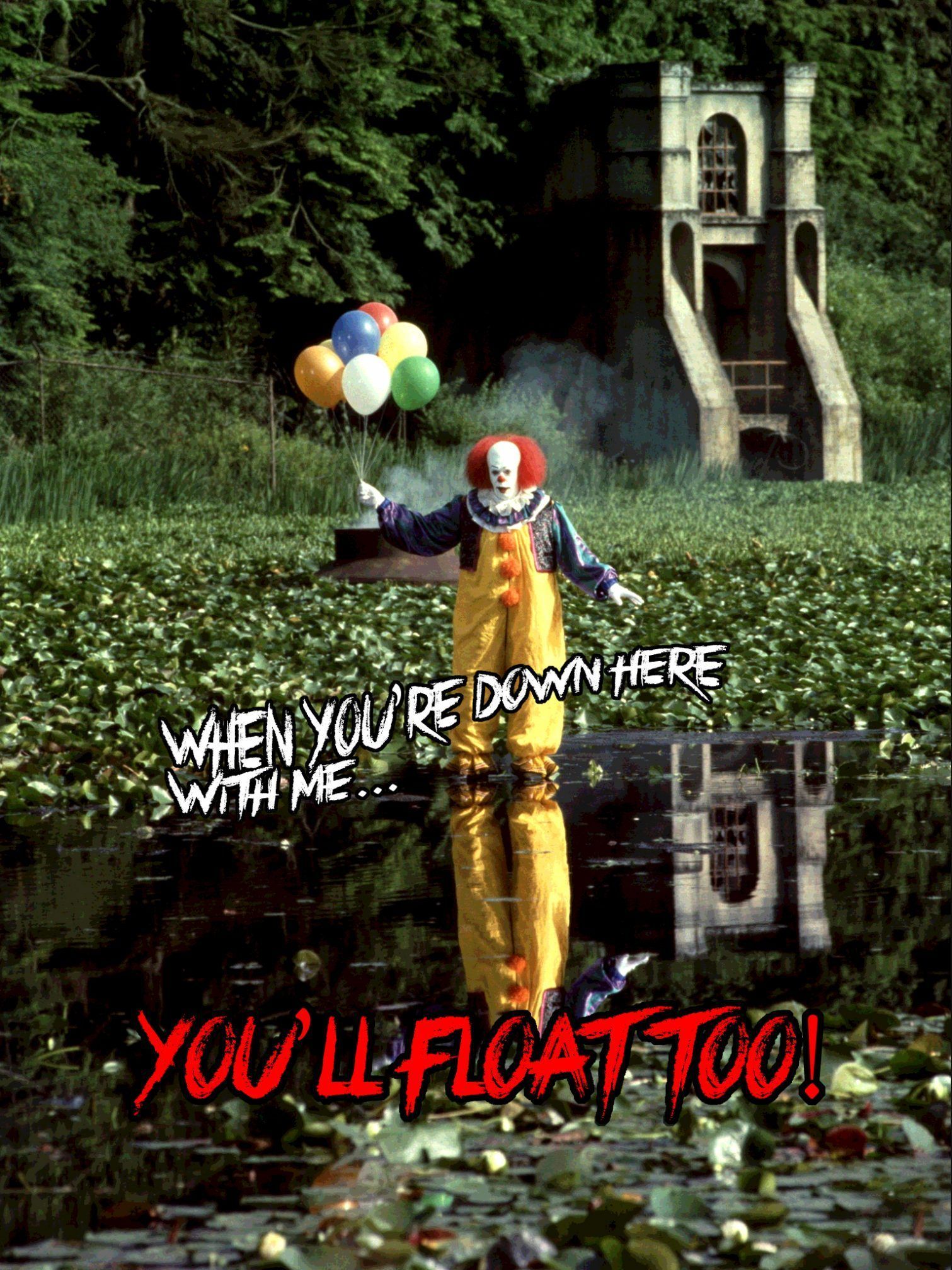 A clown holding balloons standing in a puddle with the caption 