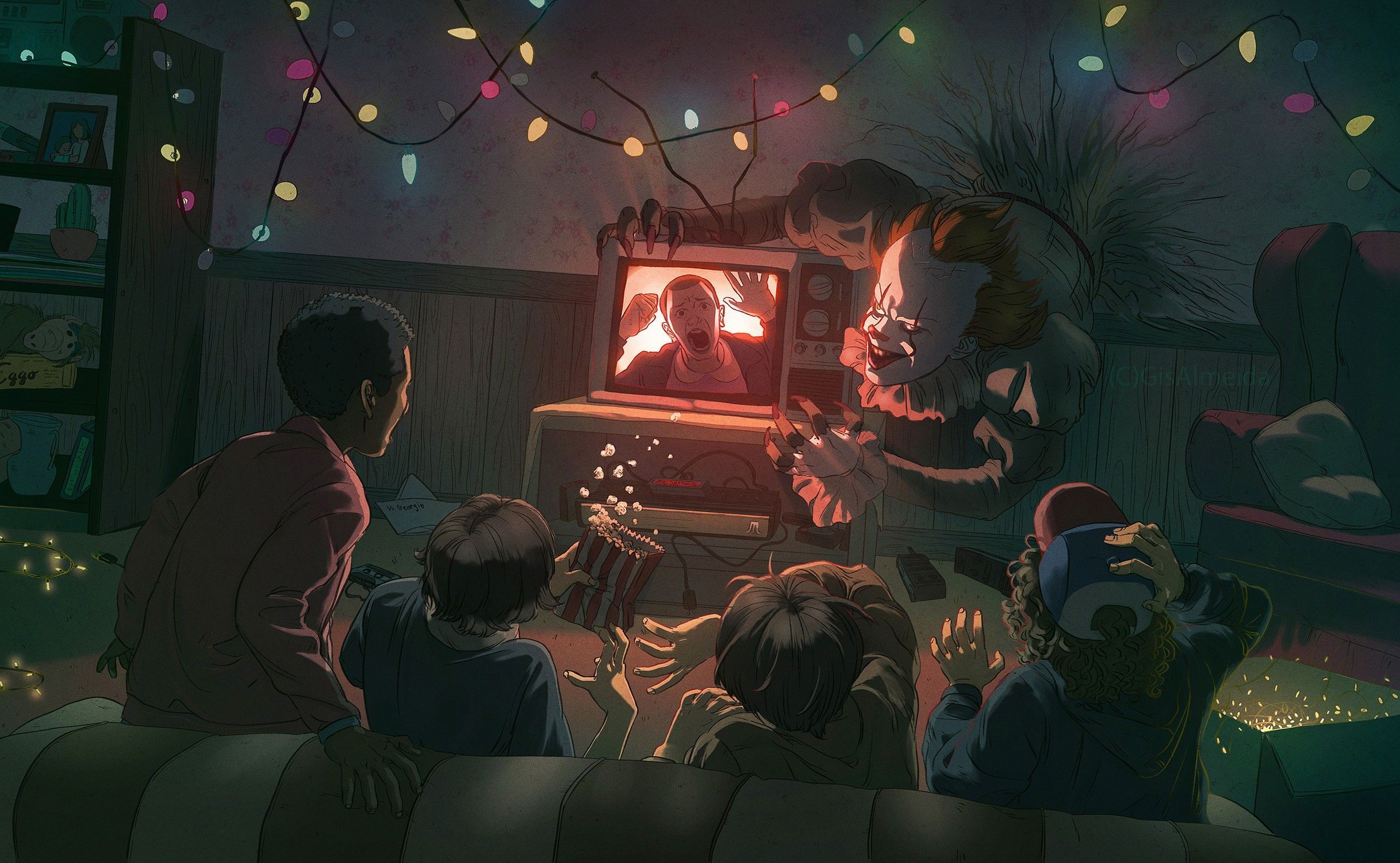 An illustration of a group of children watching a scary movie on a TV in a dark room. - Pennywise