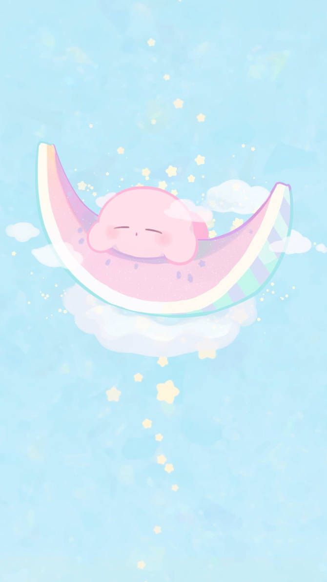 Pink cloud with a sleeping pink bear on it - Kirby