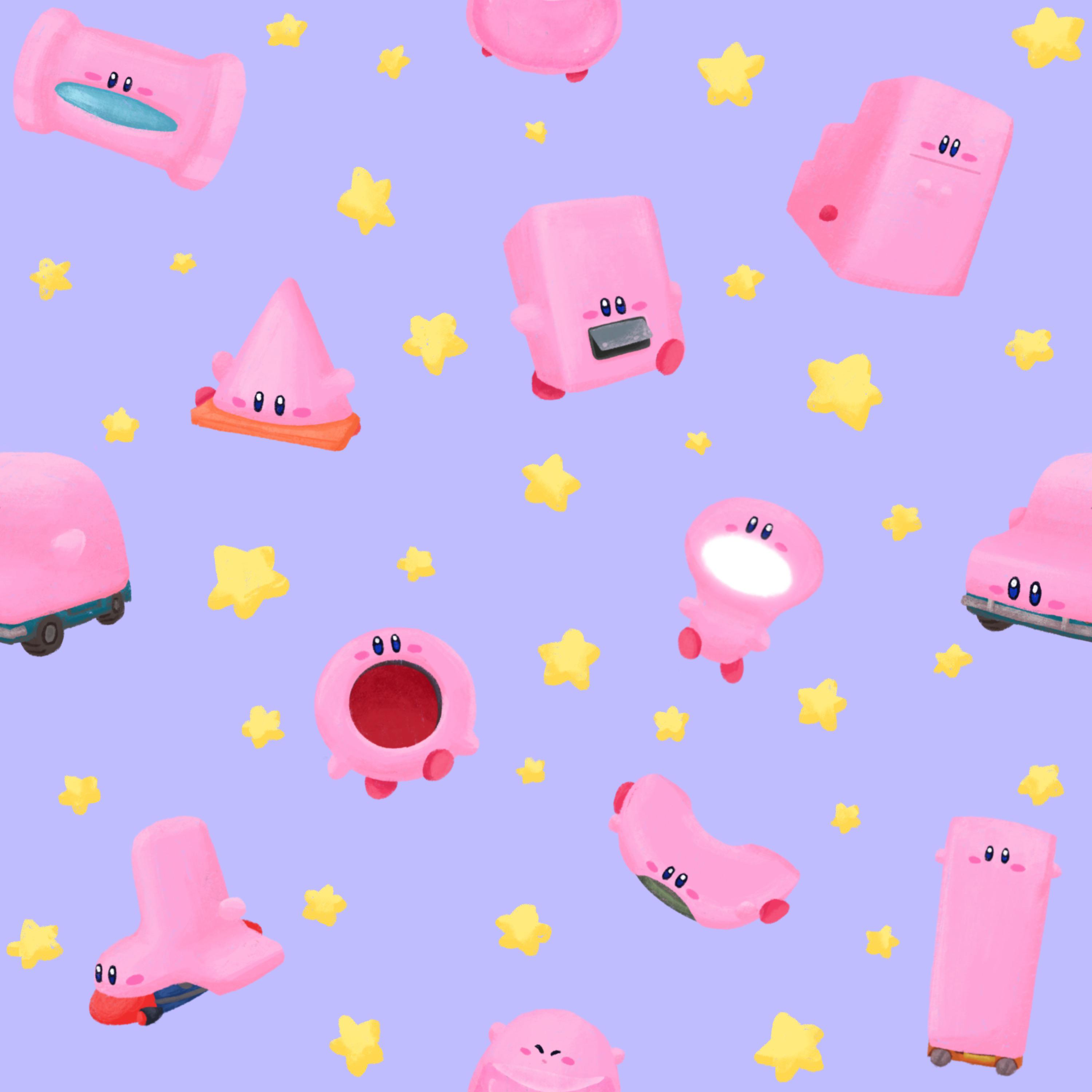 A pattern of pink Kirby characters and yellow stars on a purple background - Kirby