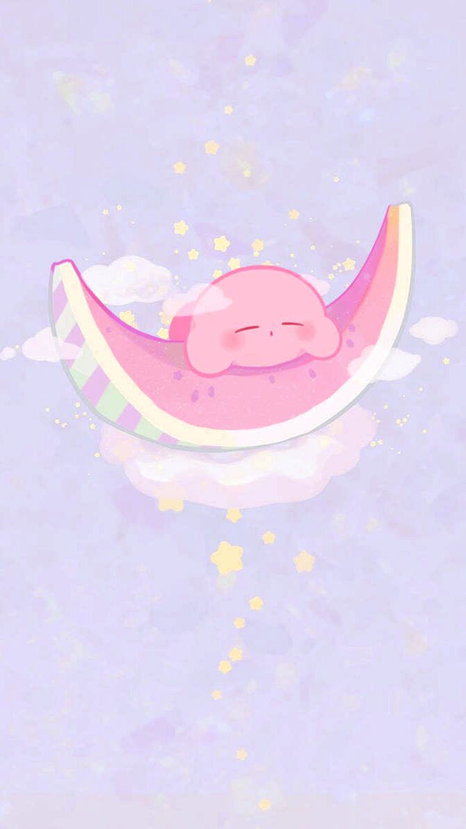 IPhone wallpaper of a pink cloud sleeping on a watermelon slice - Kirby