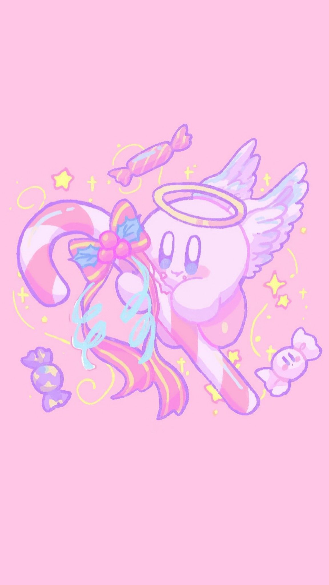 A pink background with a picture of a pink flying tooth with angel wings and a rainbow bow. - Kirby