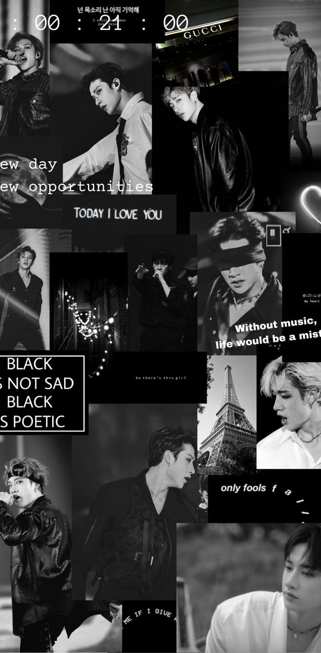 A collage of black and white pictures with different people - Bang Chan