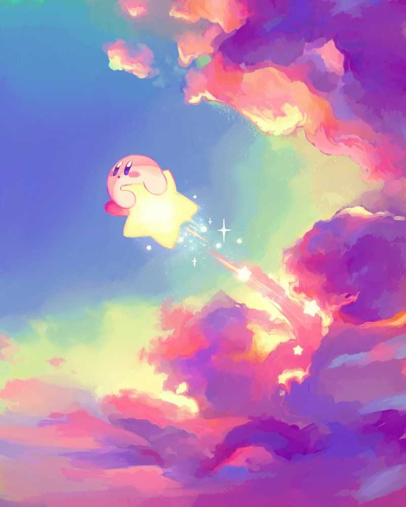 A painting of a pink, round character flying through a sky of pink, purple, and blue clouds - Kirby