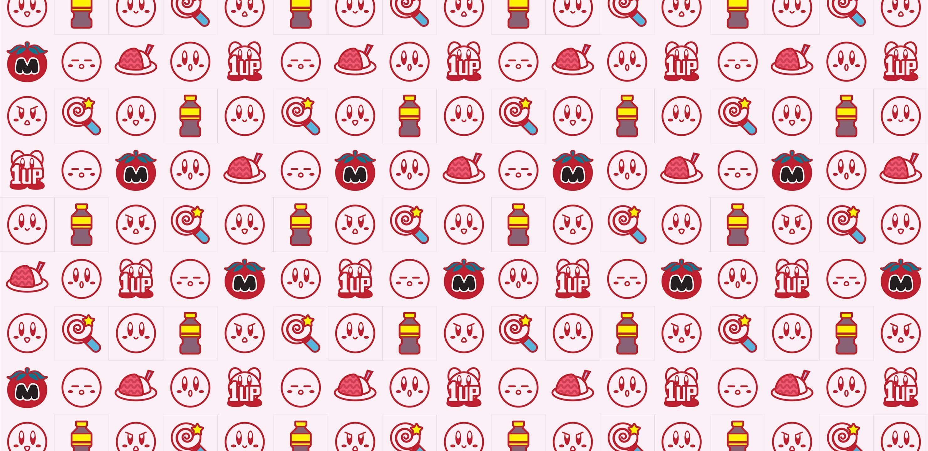 A pattern of red and pink food related emojis on a white background - Kirby