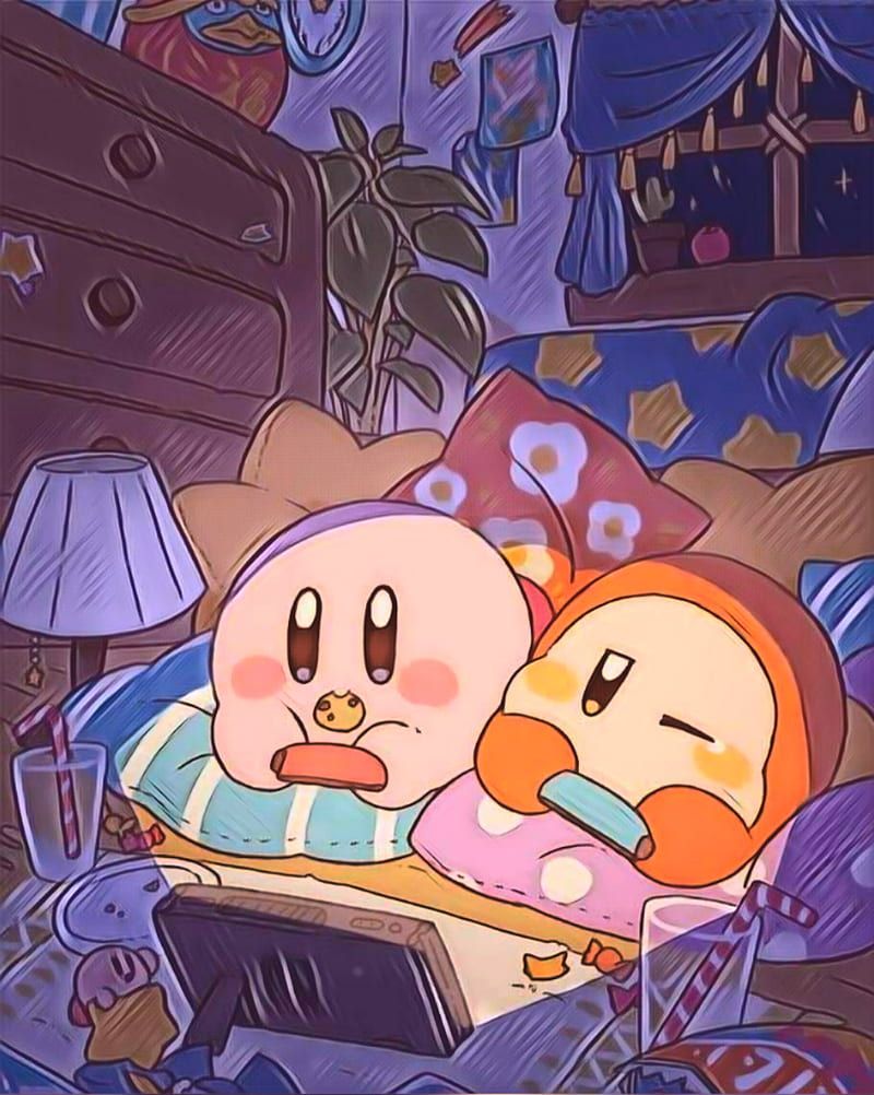 Kirby and Waddle Dee sleeping in a cozy room - Kirby