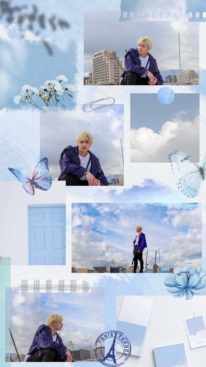 A collage of pictures with butterflies and clouds - Bang Chan