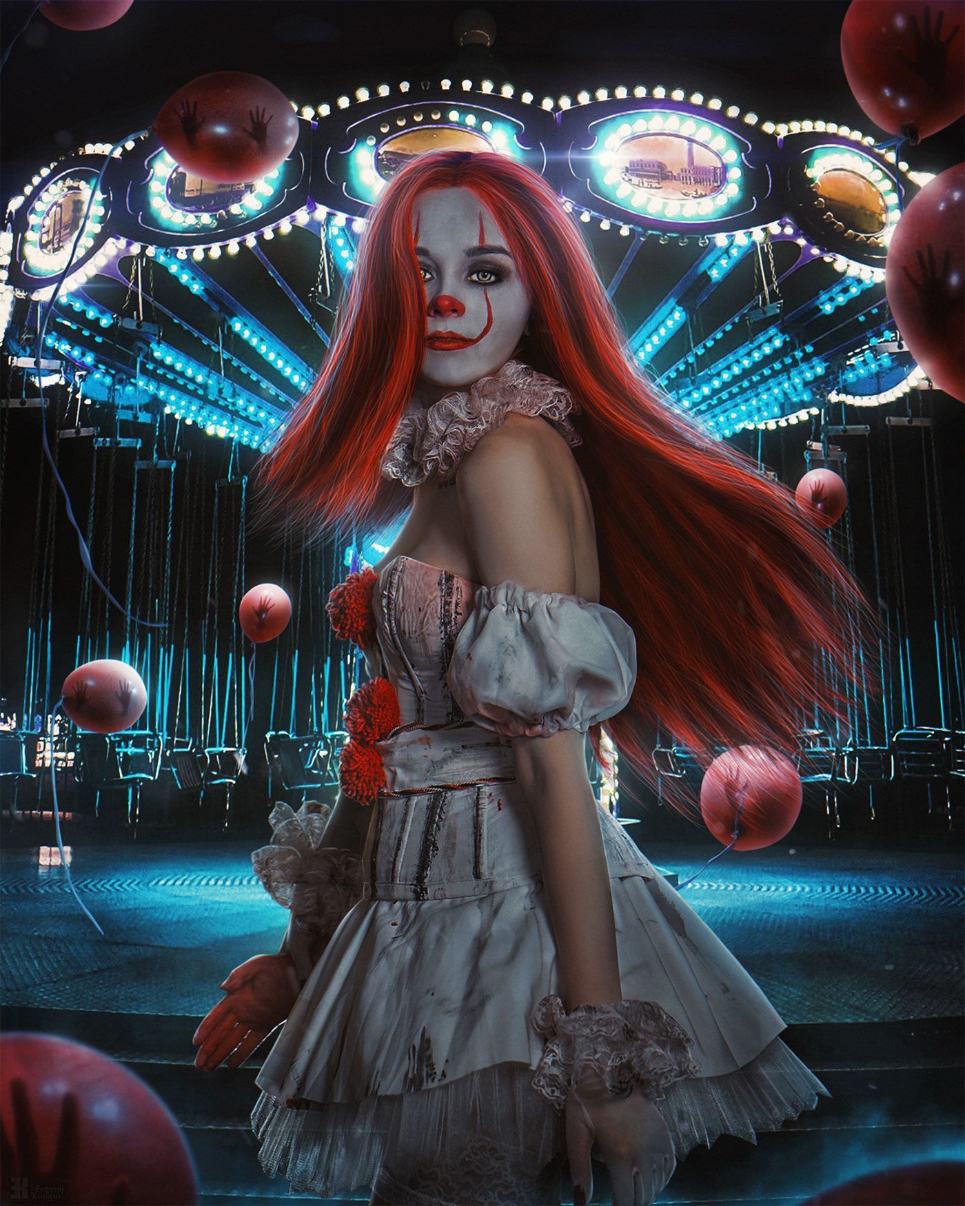 A beautiful girl with red hair and clown makeup standing in front of a carnival. - Pennywise