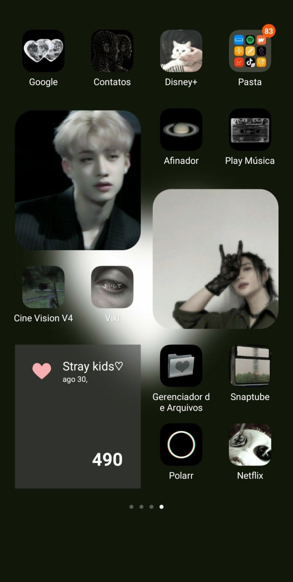 A black iPhone home screen with various apps including Netflix, Disney+, and Google. - Bang Chan