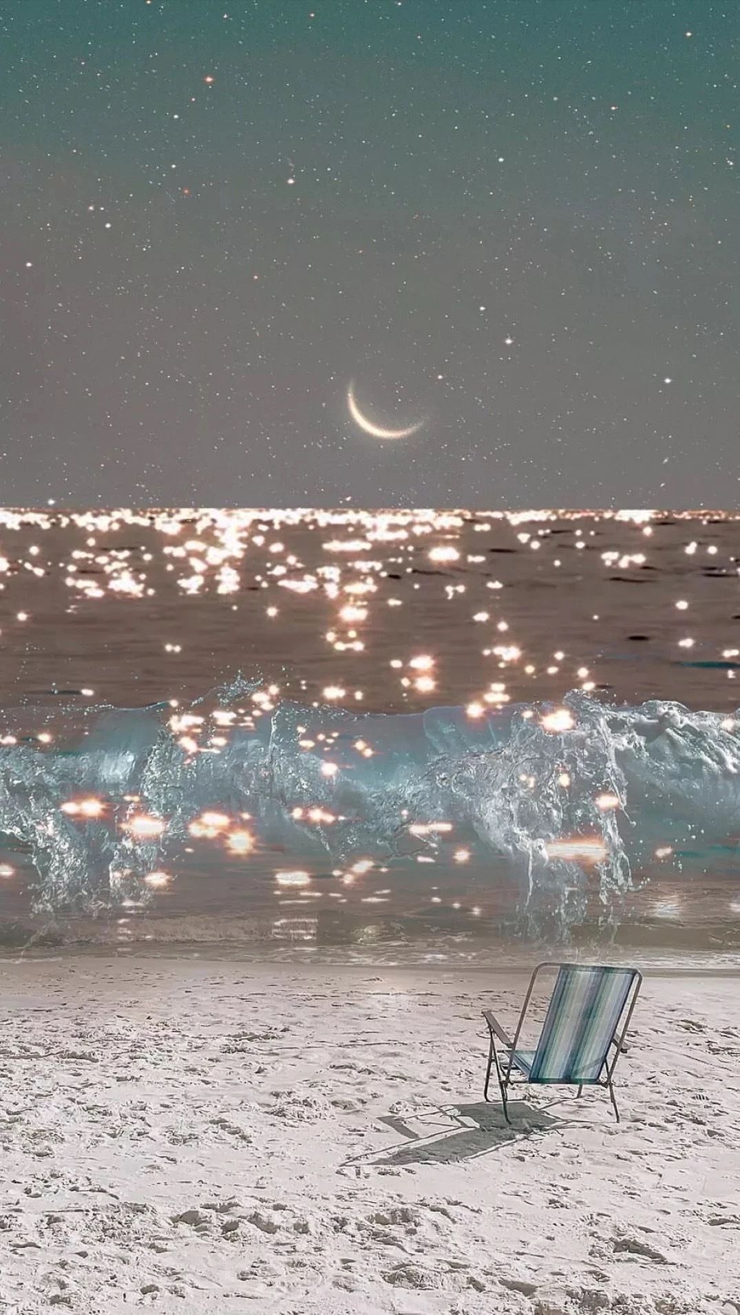 A beach at night with a chair and the moon - Bling