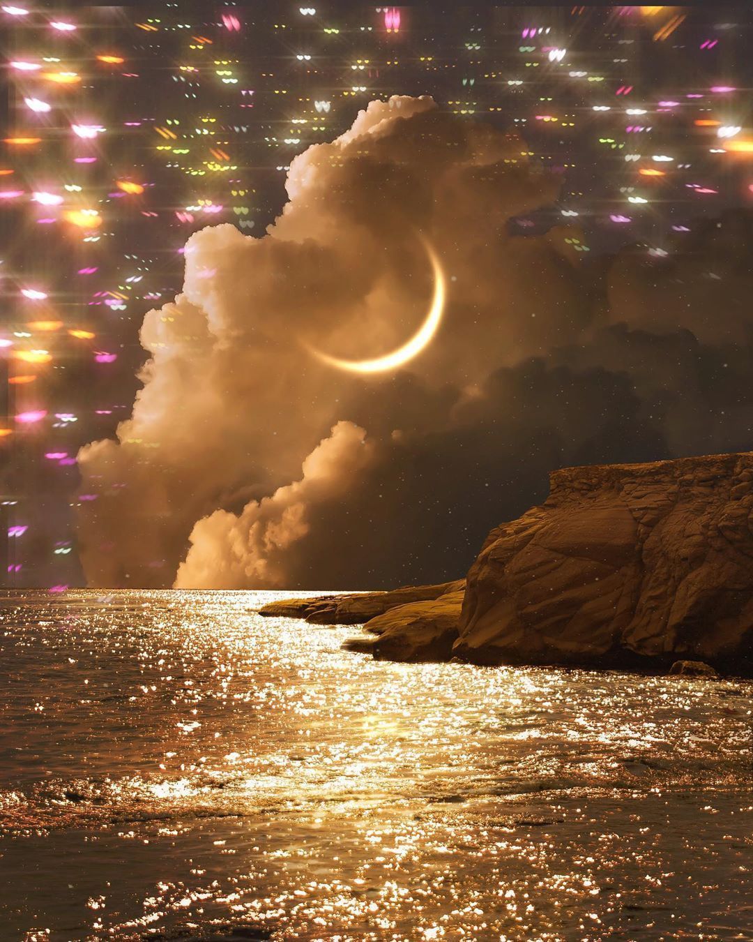 This is a photo of a crescent moon and a cloud above a body of water. - Bling