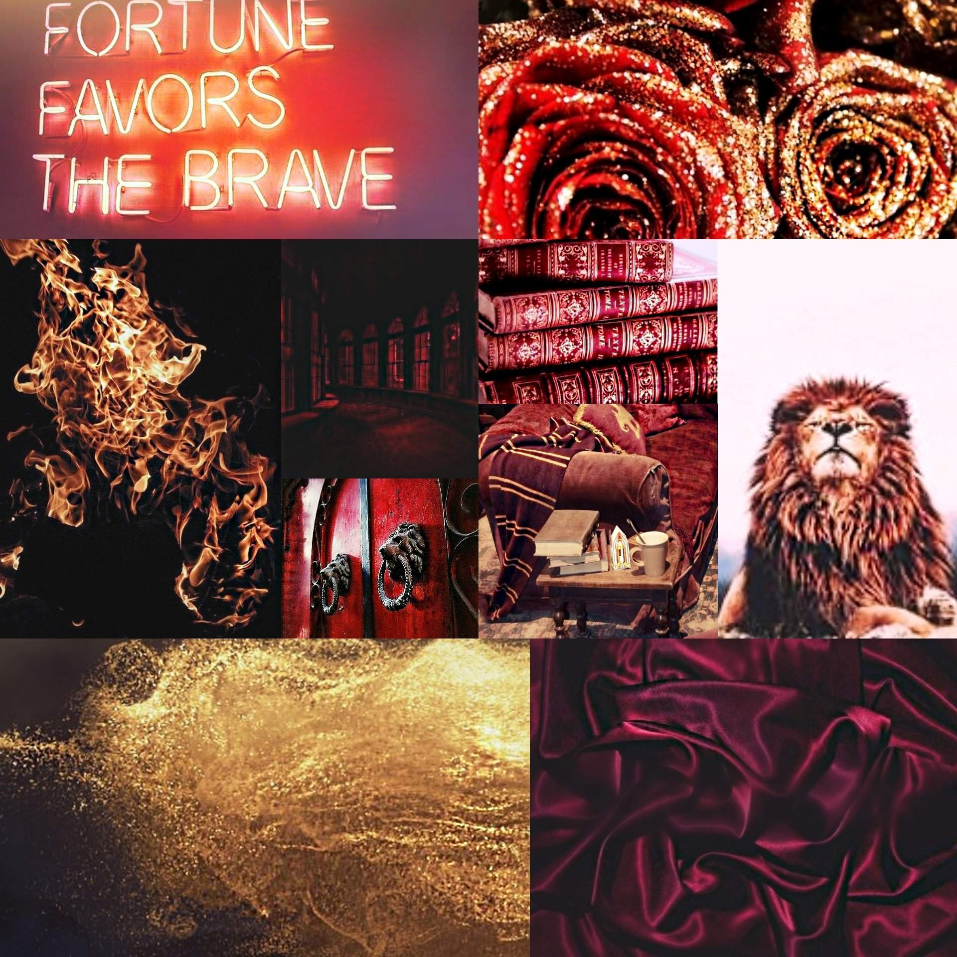 A collage of images related to Gryffindor including a neon sign that says fortune favors the brave, a lion, books, and a fire. - Gryffindor