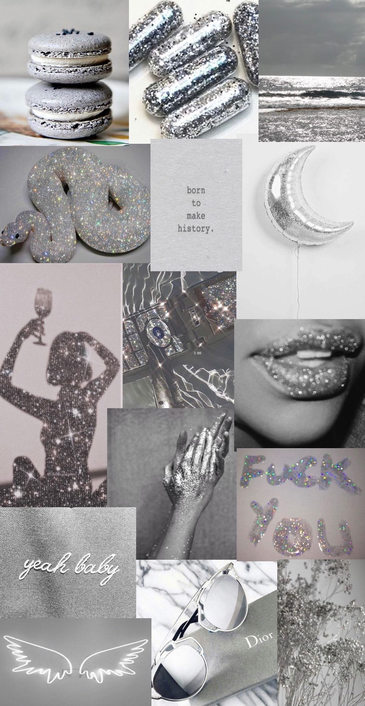 A collage of images with silver glitter, moon phases, and the words 