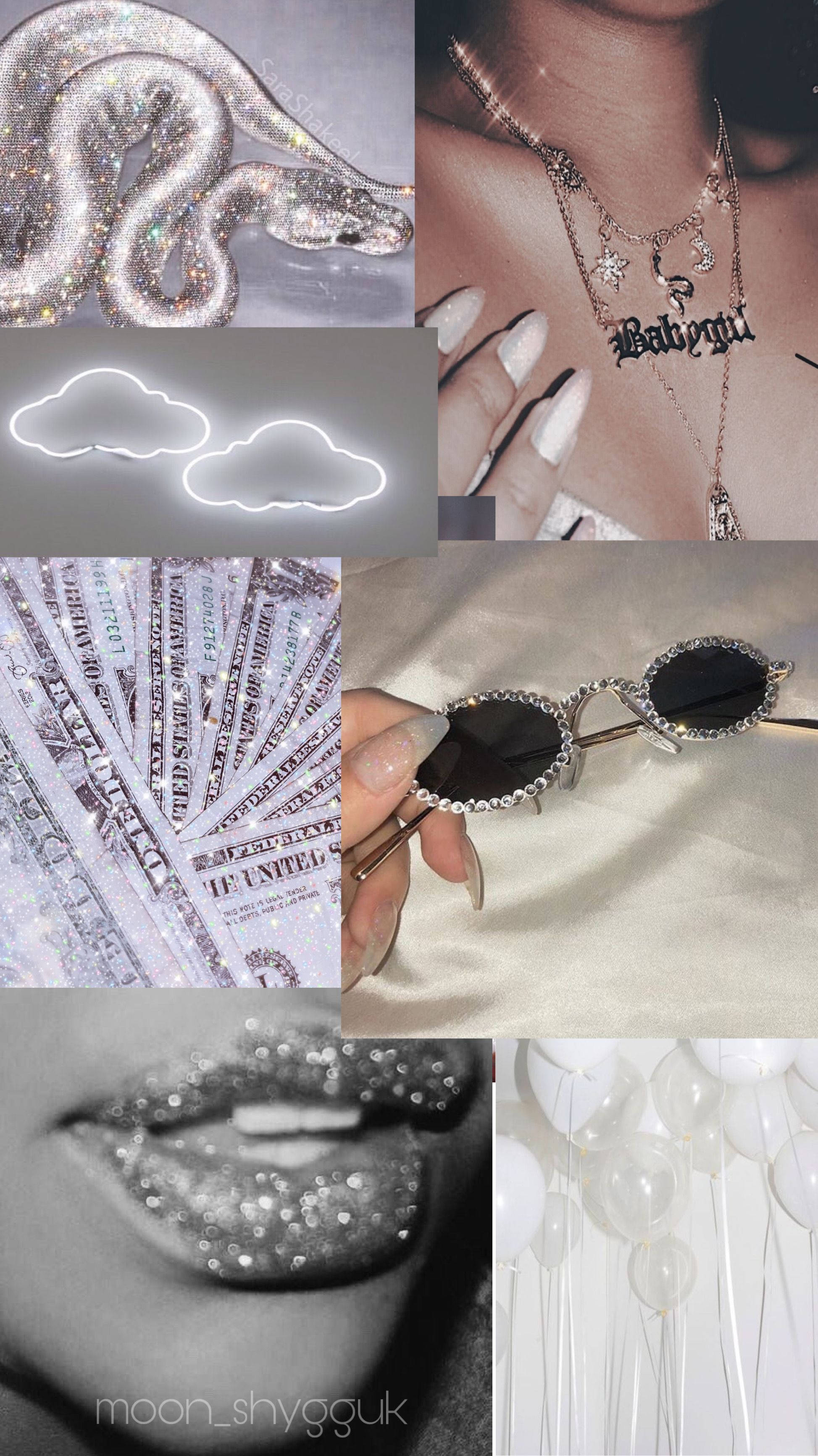 A collage of pictures with jewelry and money - Bling