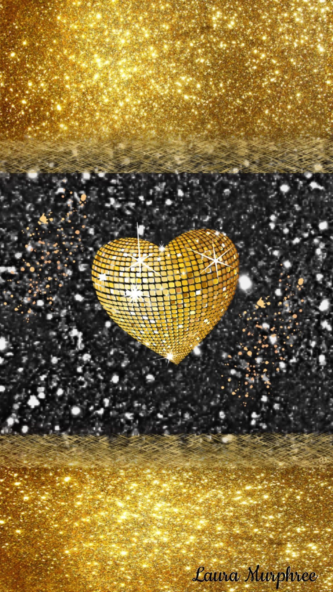 Gold glitter heart on a black and gold background - Bling