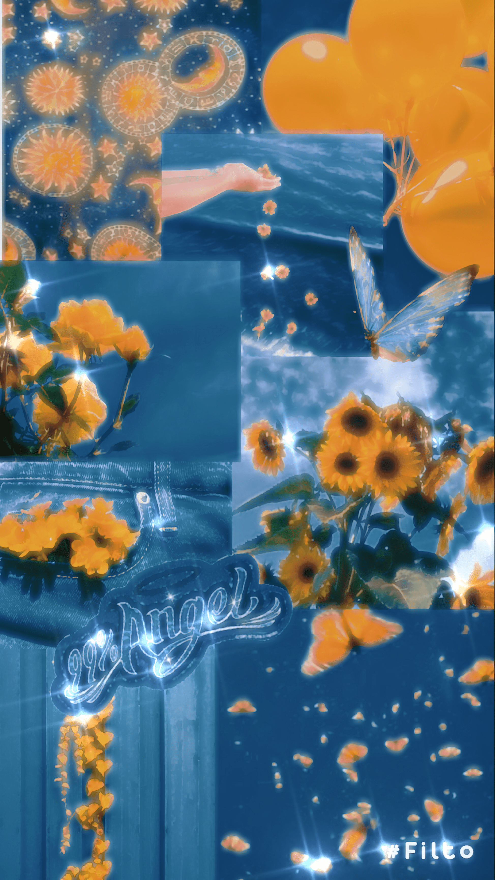 A collage of blue and yellow aesthetic pictures including sunflowers, butterflies, and the moon. - Bling