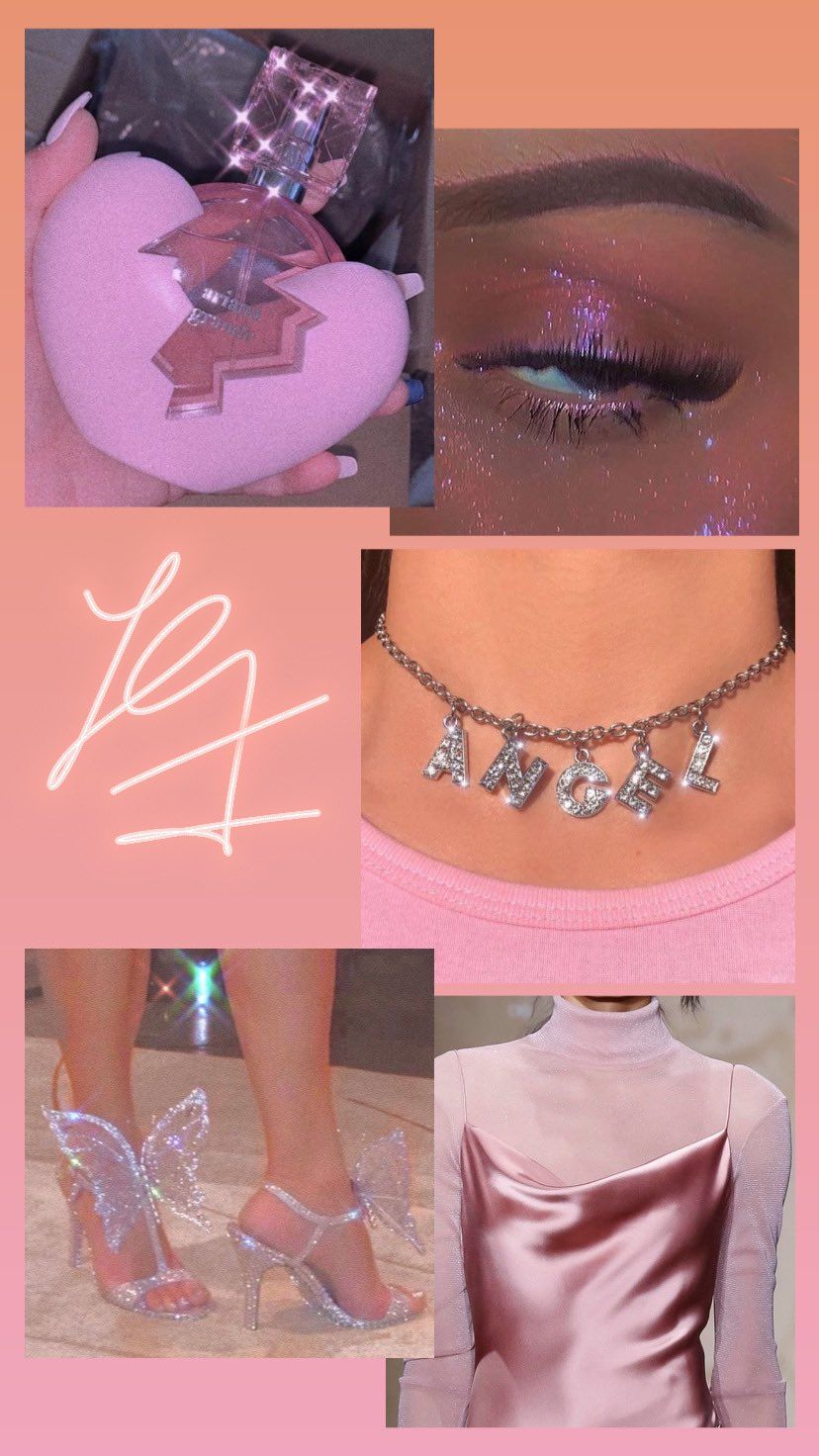 Collage of pink and silver images including a heart shaped compact, eye makeup, necklace, shoes and a pink top - Bling