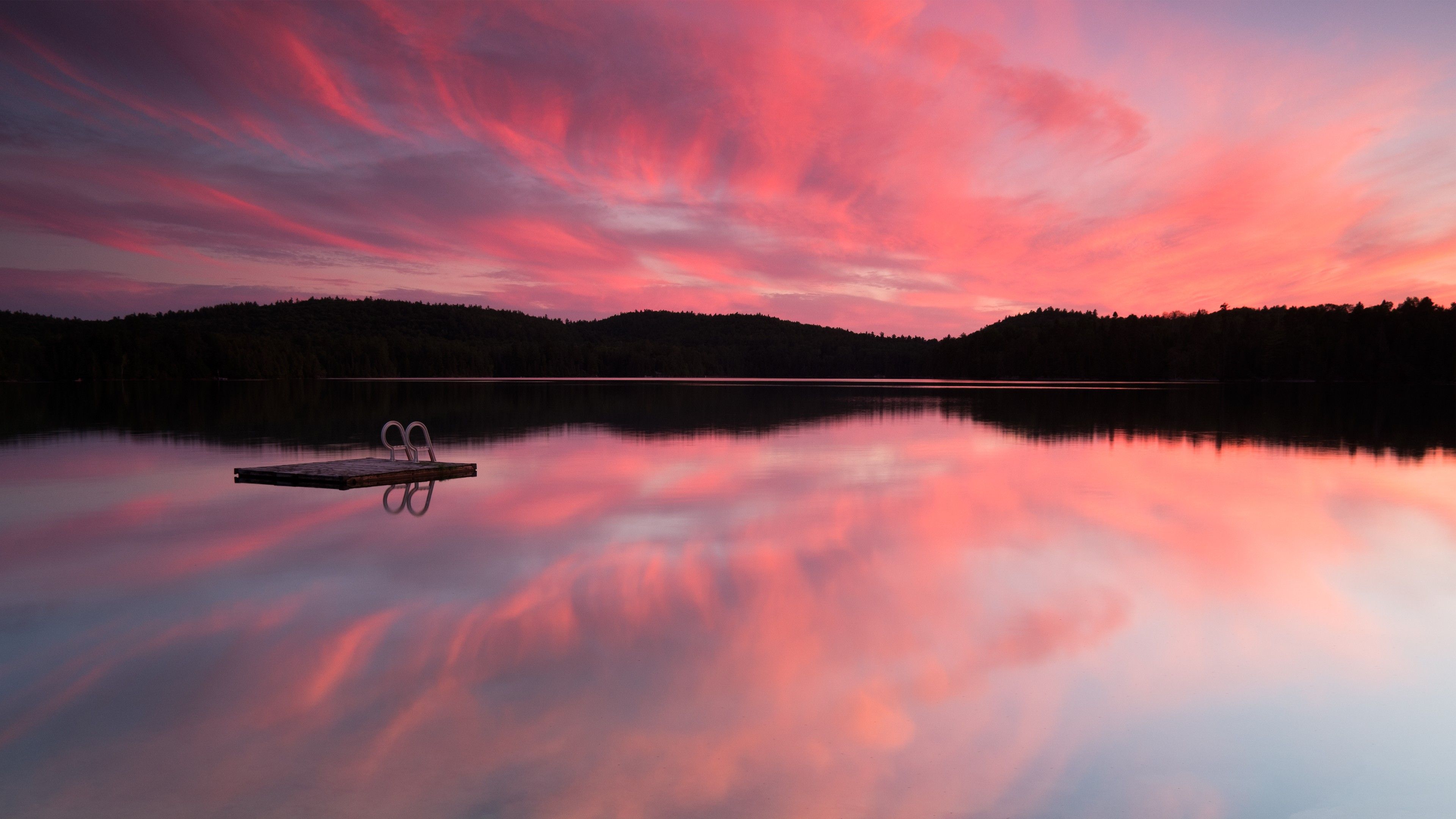 Wallpaper Lake, 4k, HD wallpaper, sea, pink sunset, sunrise, reflection, sky, clouds, water, OS