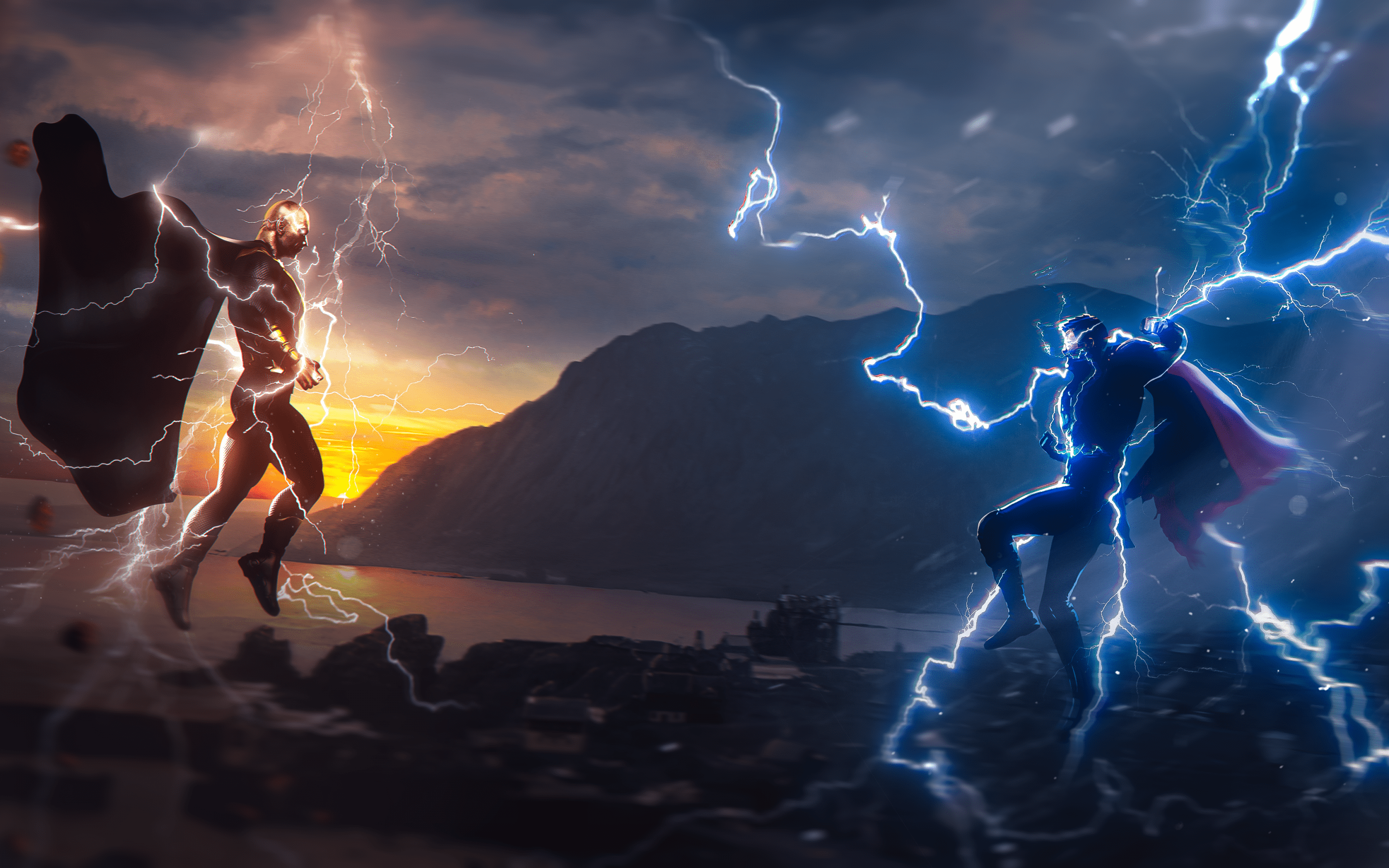 Superheroes in the middle of a battle with lightning - Thor