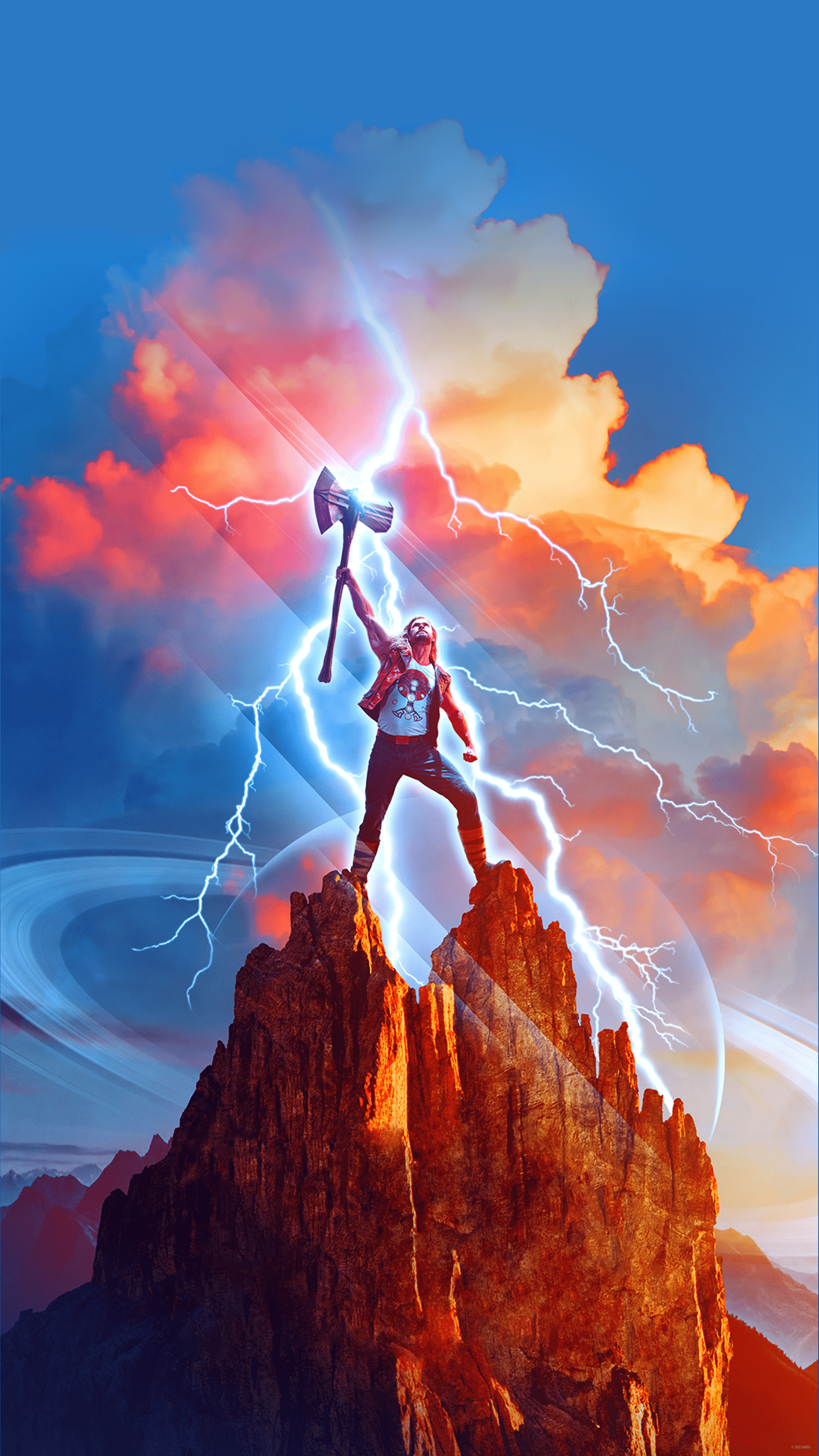 A man with a hammer stands on a mountain, lightning around him - Thor