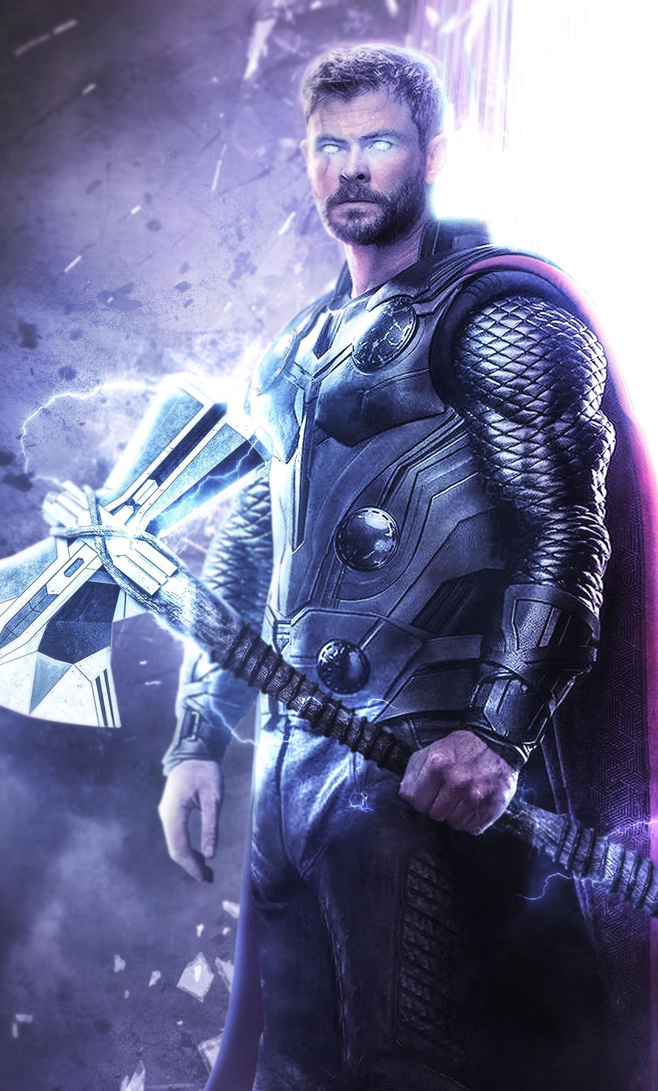 Thor in a black and purple costume holding a hammer - Thor