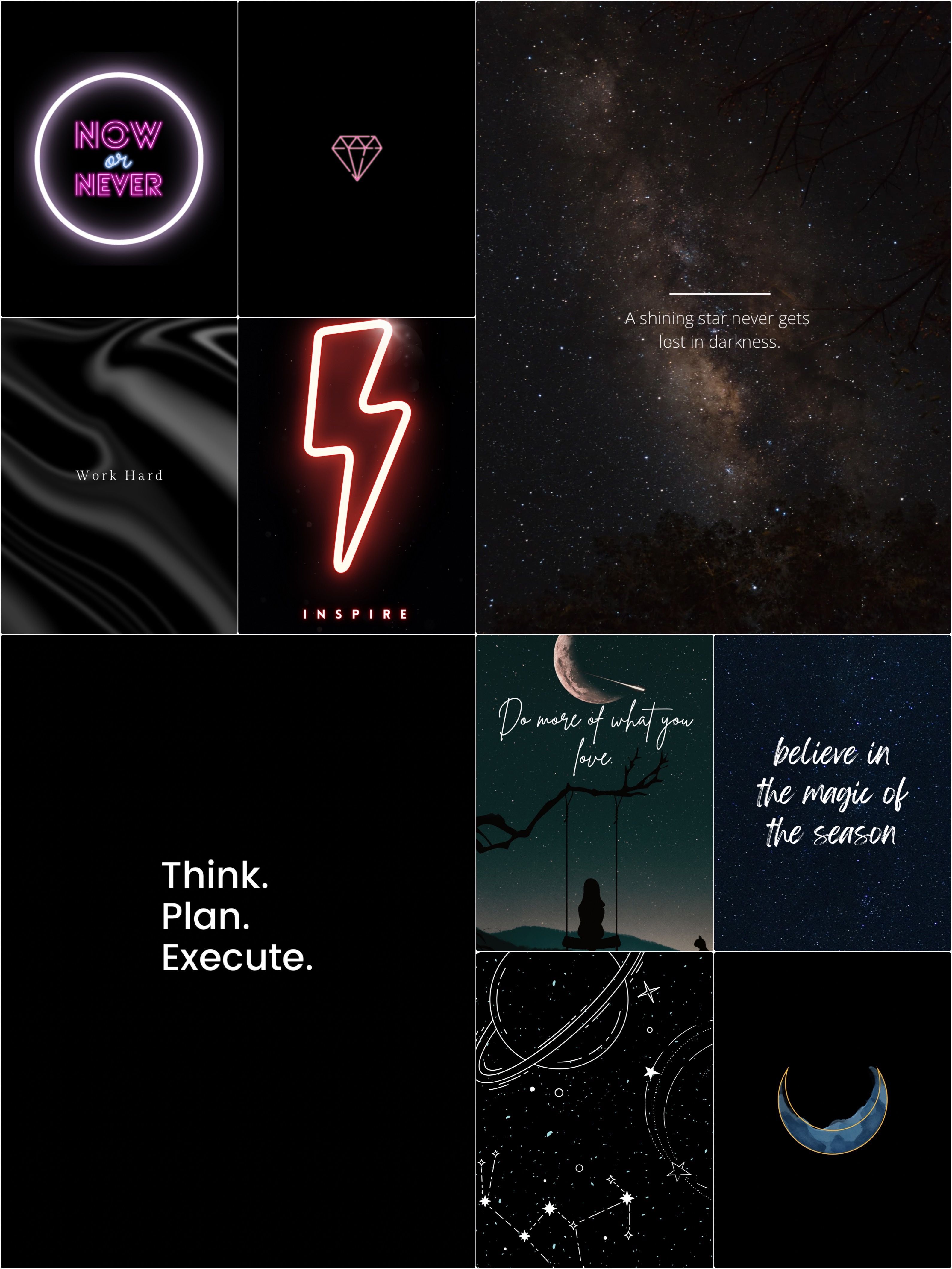 A collage of 8 different phone background images. - Black phone