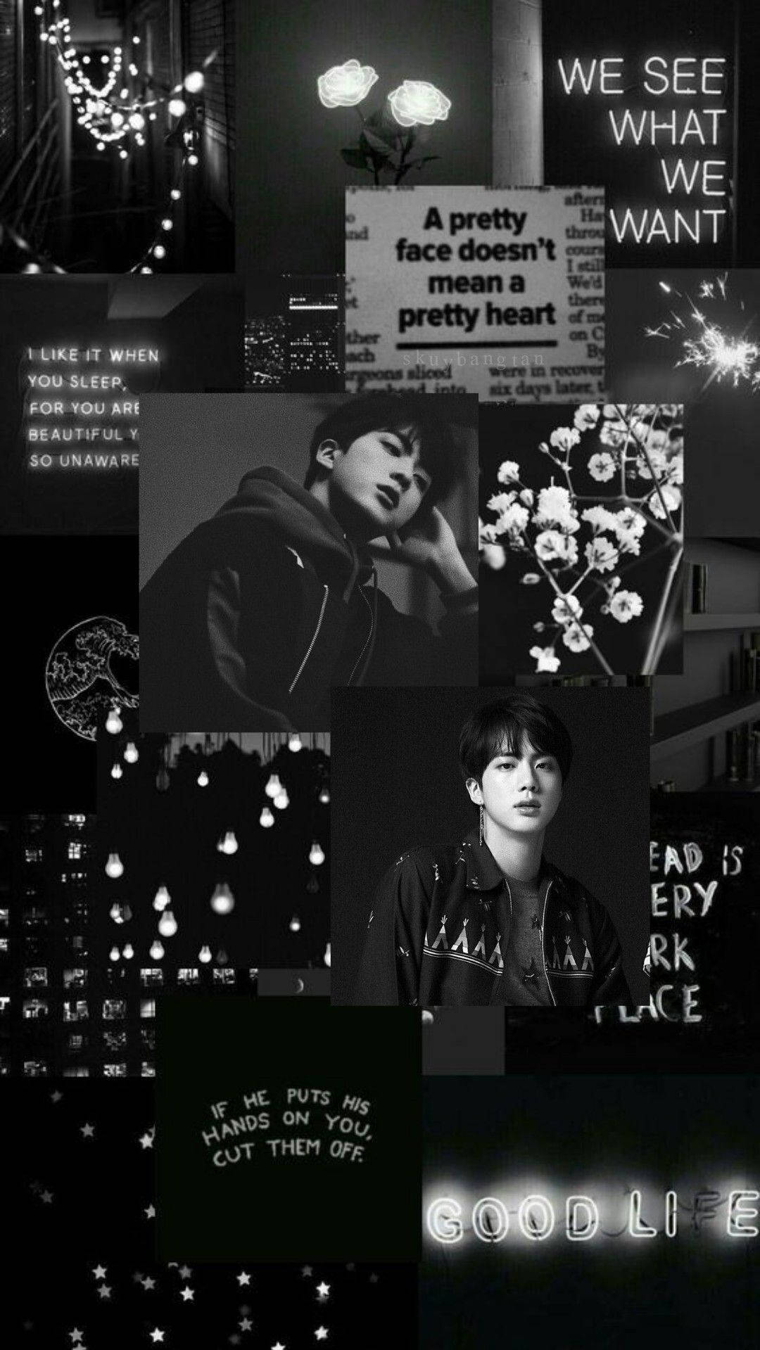 Aesthetic black and white wallpaper of BTS Jin with the quote 