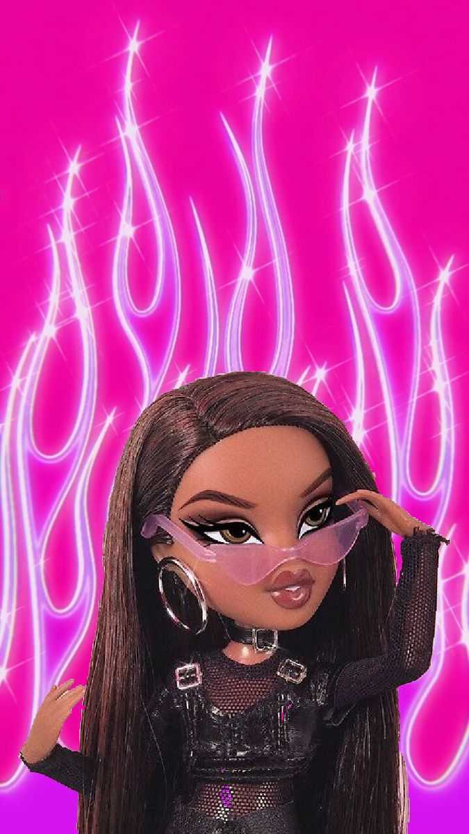 Iphone wallpaper of a Bratz doll with pink fire emojis in the background - Bratz