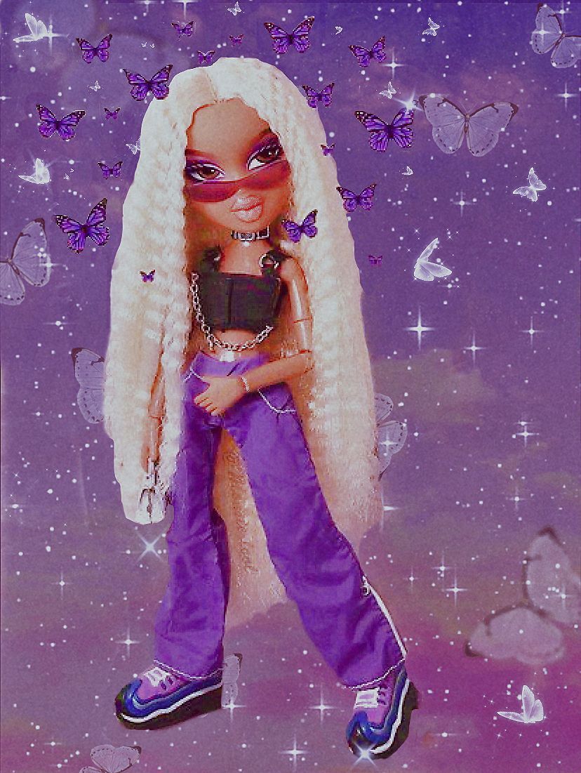 A Bratz doll with long blonde hair and a pink mask stands in front of a purple background with butterflies. - Bratz