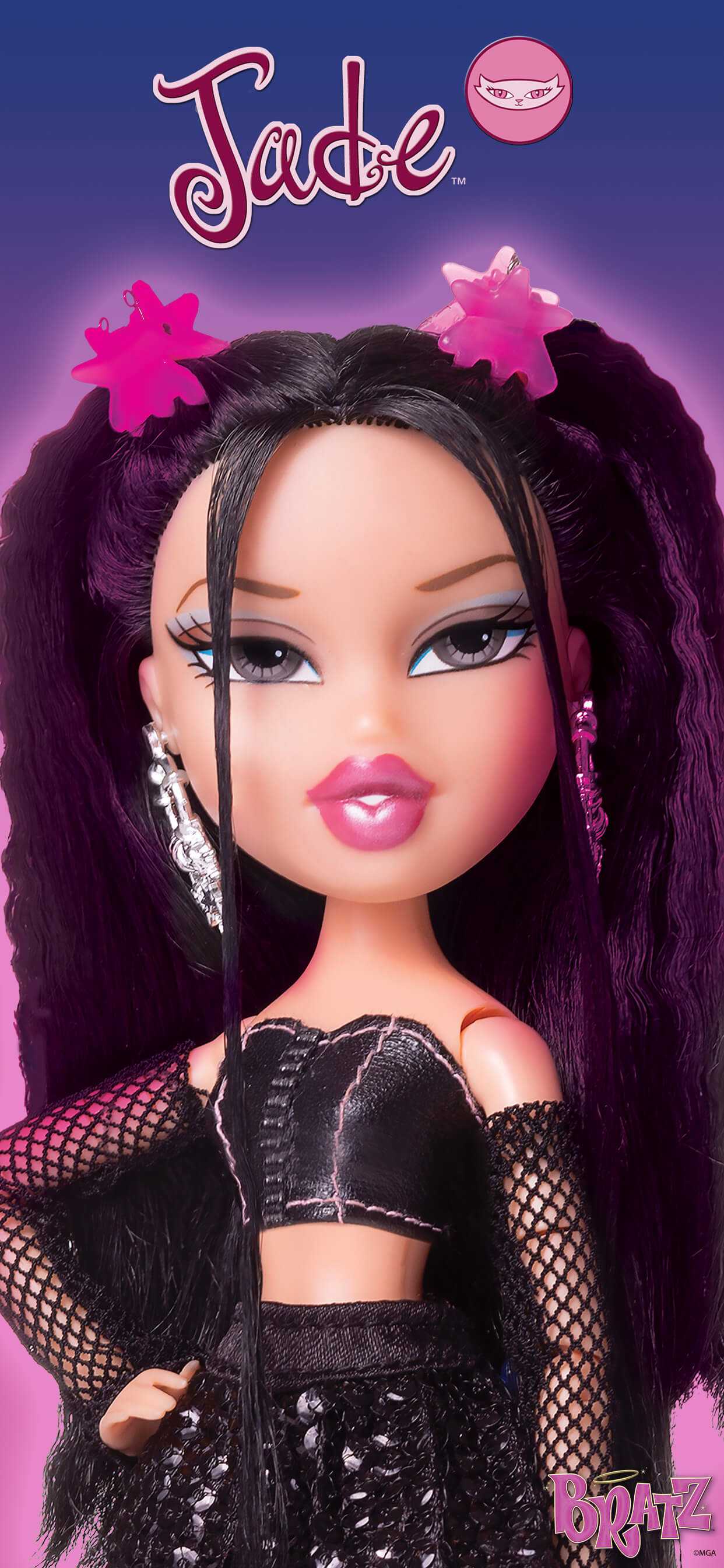 BRATZ Jade doll with long black hair and purple highlights, wearing a black fishnet top and matching fishnet gloves. - Bratz