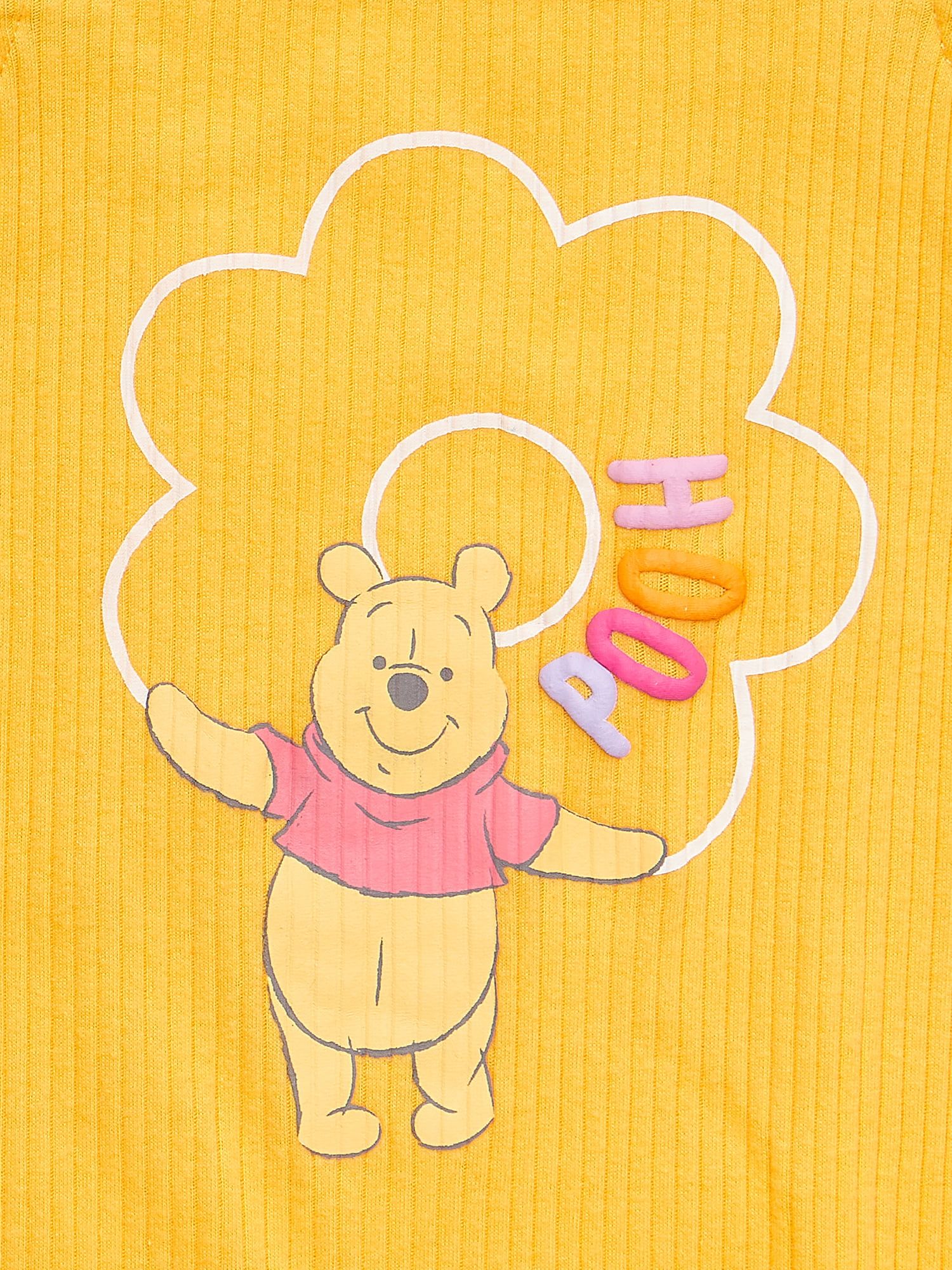 A yellow babygrow with an image of Winnie the Pooh holding the letters 'POOH' - Winnie the Pooh