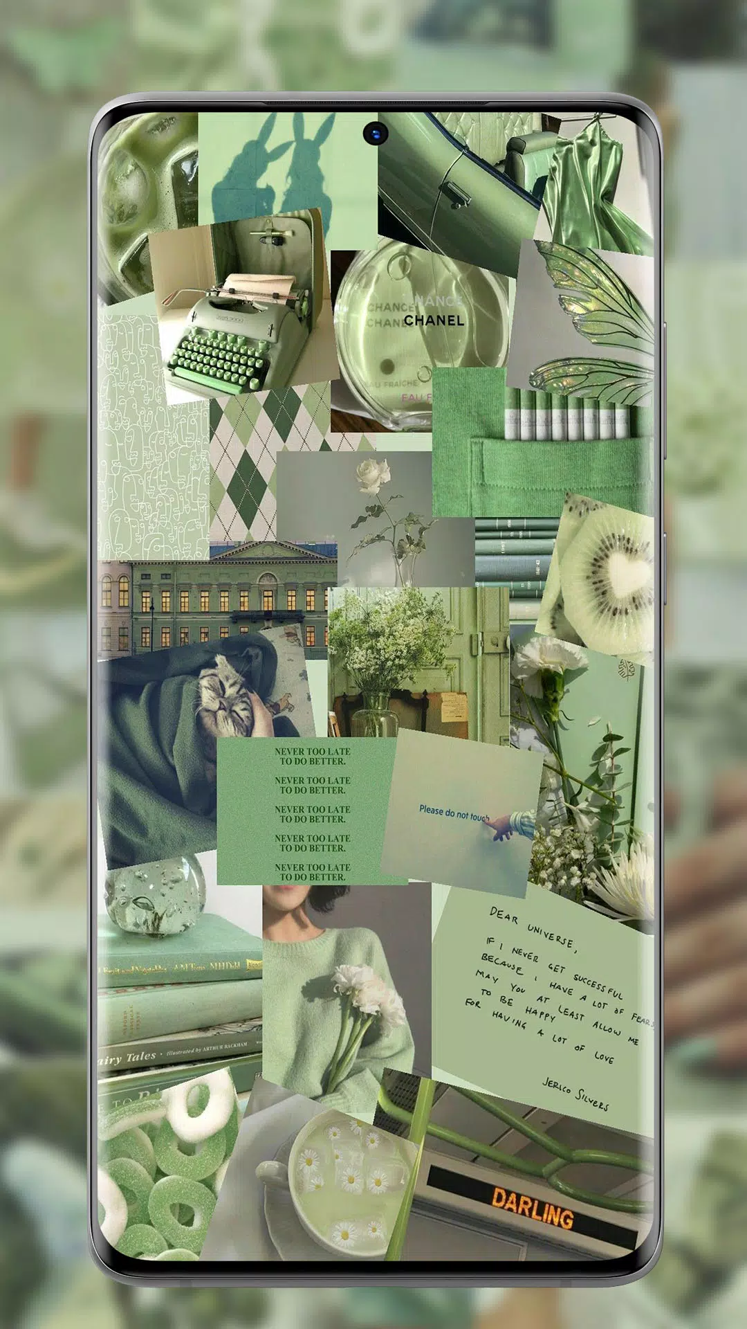 A phone screen with a collage of green aesthetic pictures. - Sage green