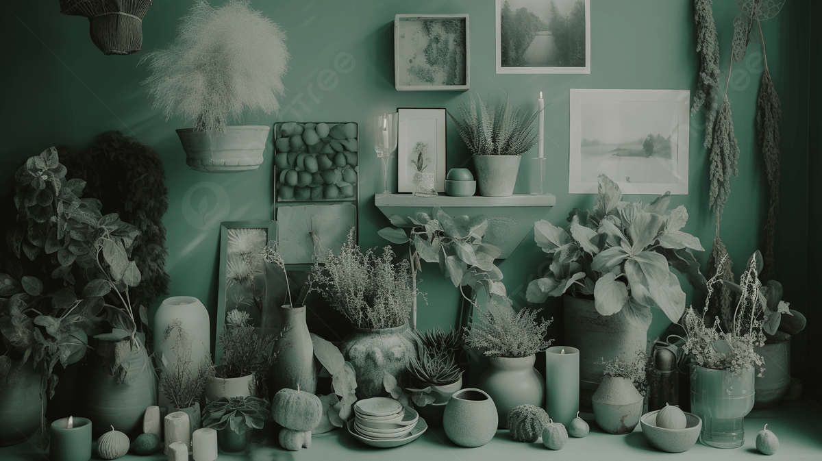 A green wall with pictures and plants on the table - Sage green