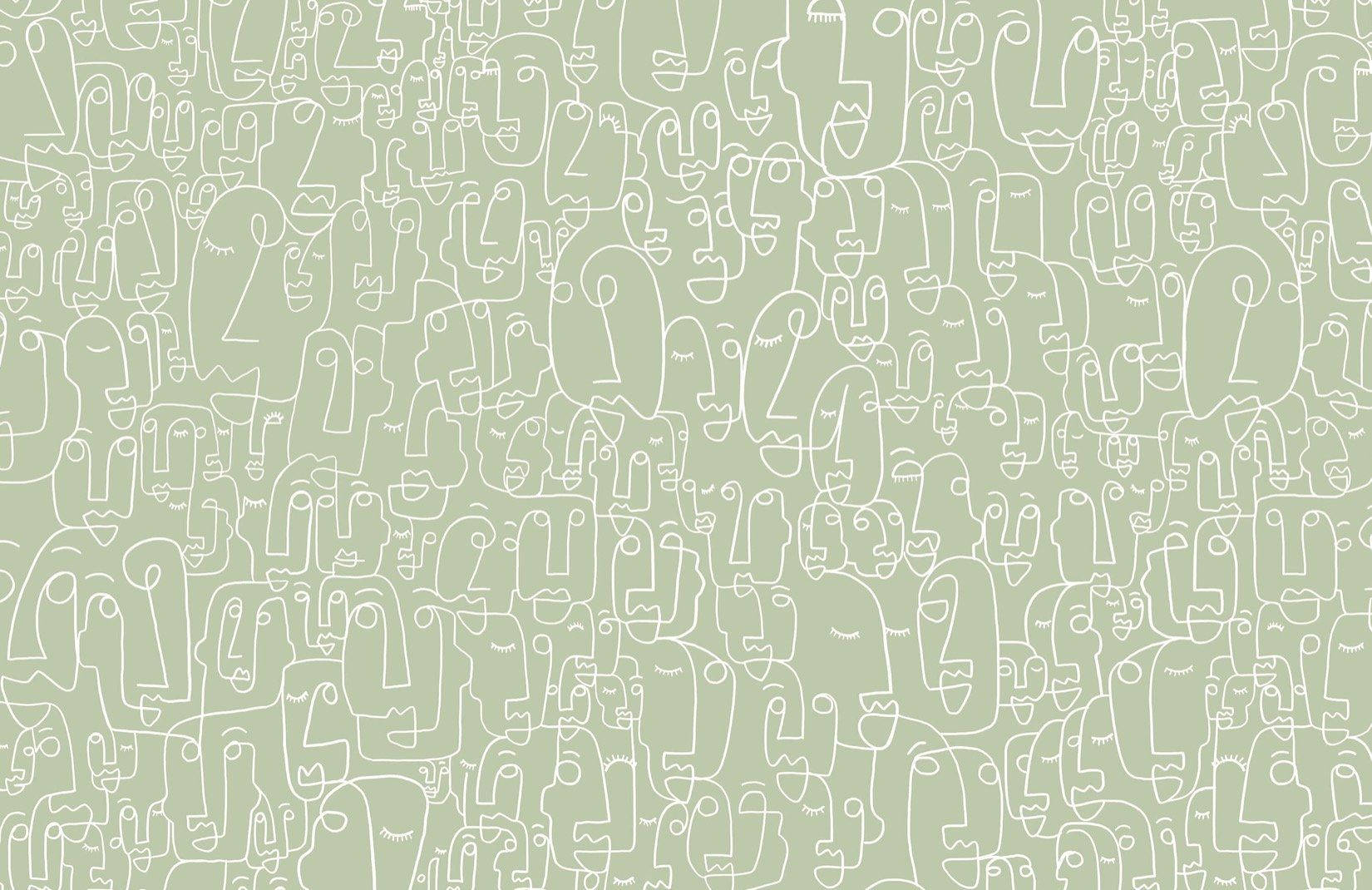 A green wallpaper with white line drawings of abstract faces - Sage green