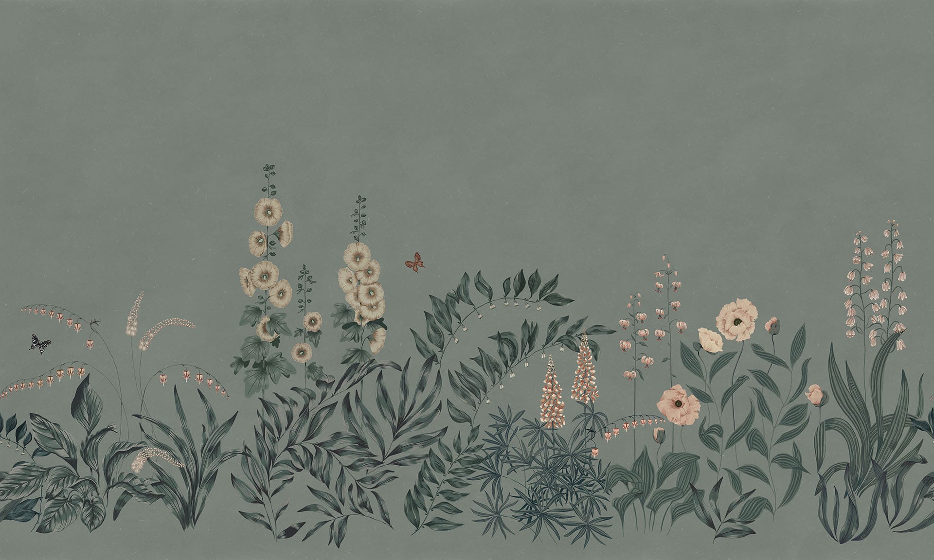 A digital wallpaper with a grey background and a border of flowers and plants - Sage green