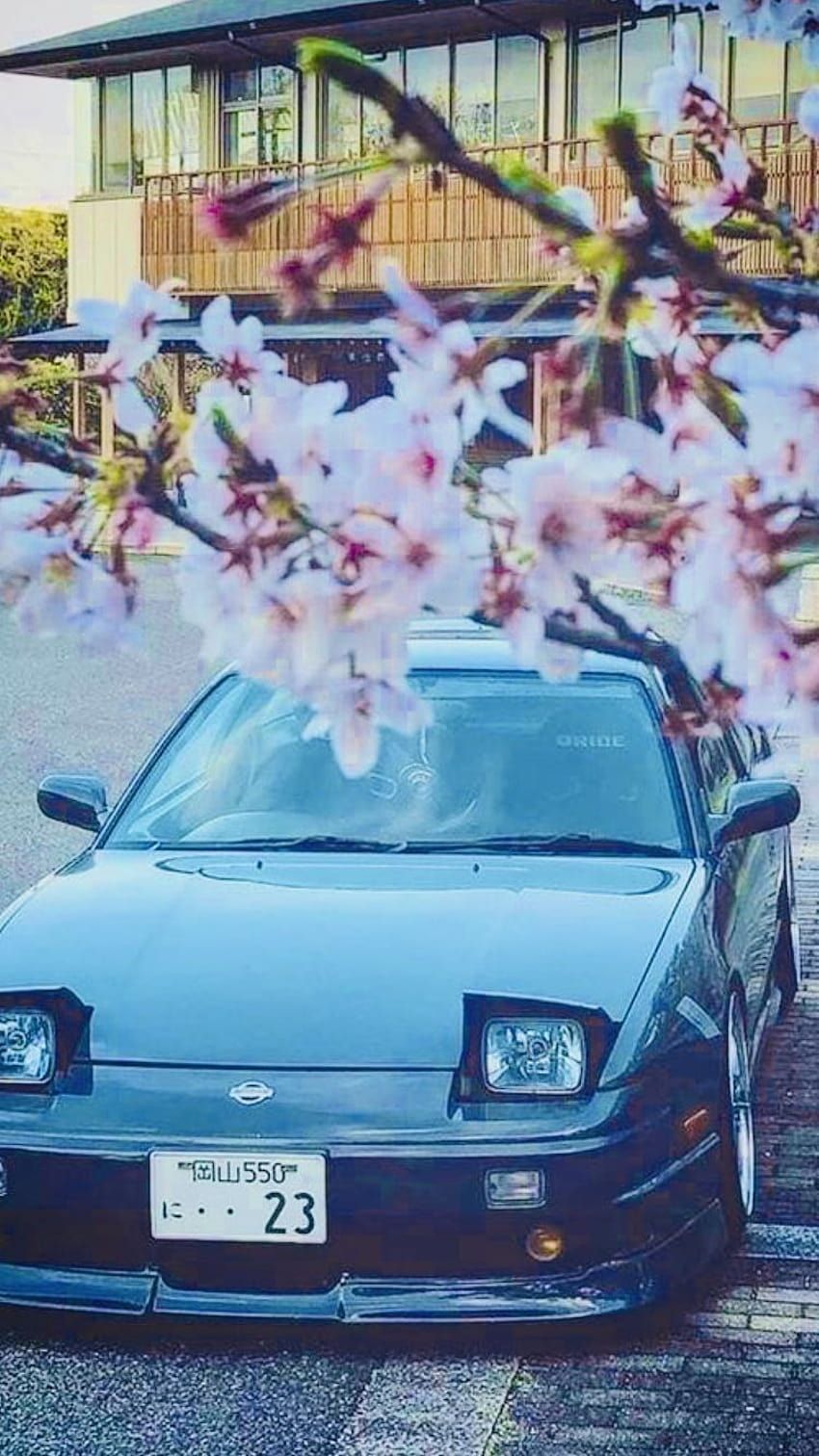 A car parked under a tree with pink flowers. - JDM