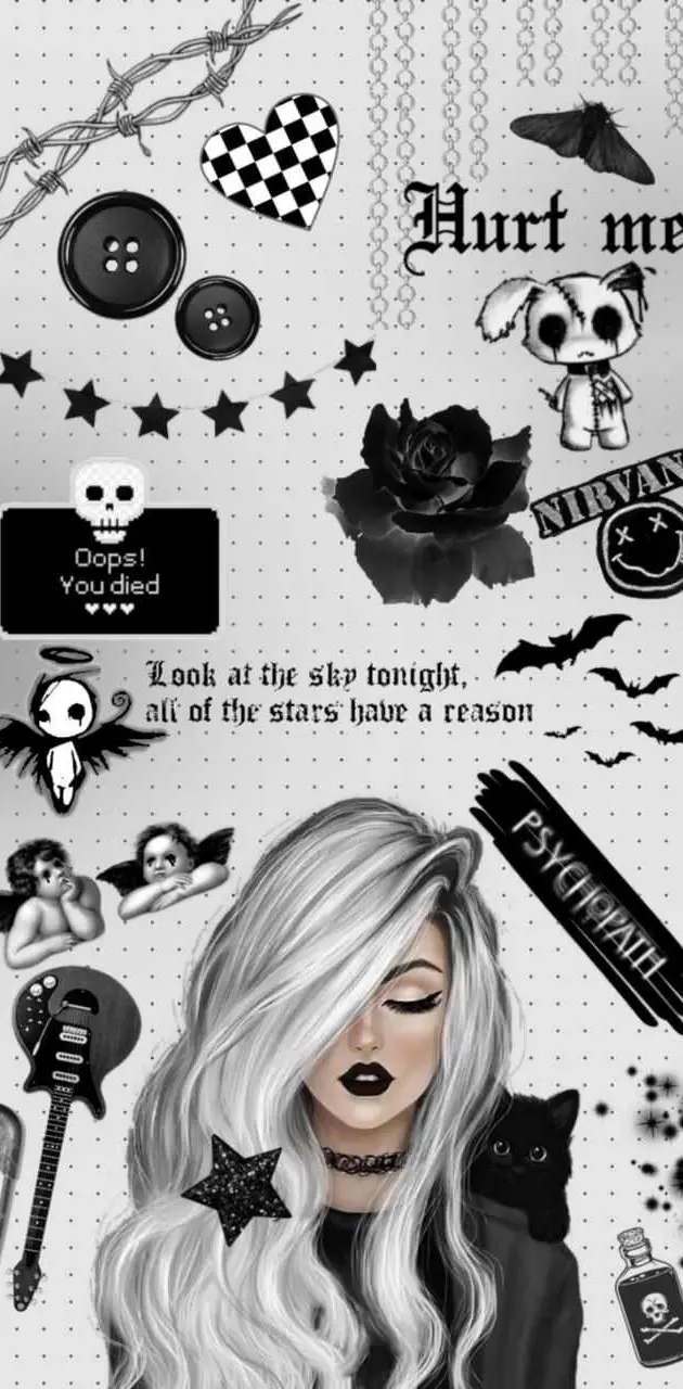 Black and white aesthetic wallpaper, girl with white hair, cat, guitar, heart, stars, roses, bats, all the stars have a reason - Emo