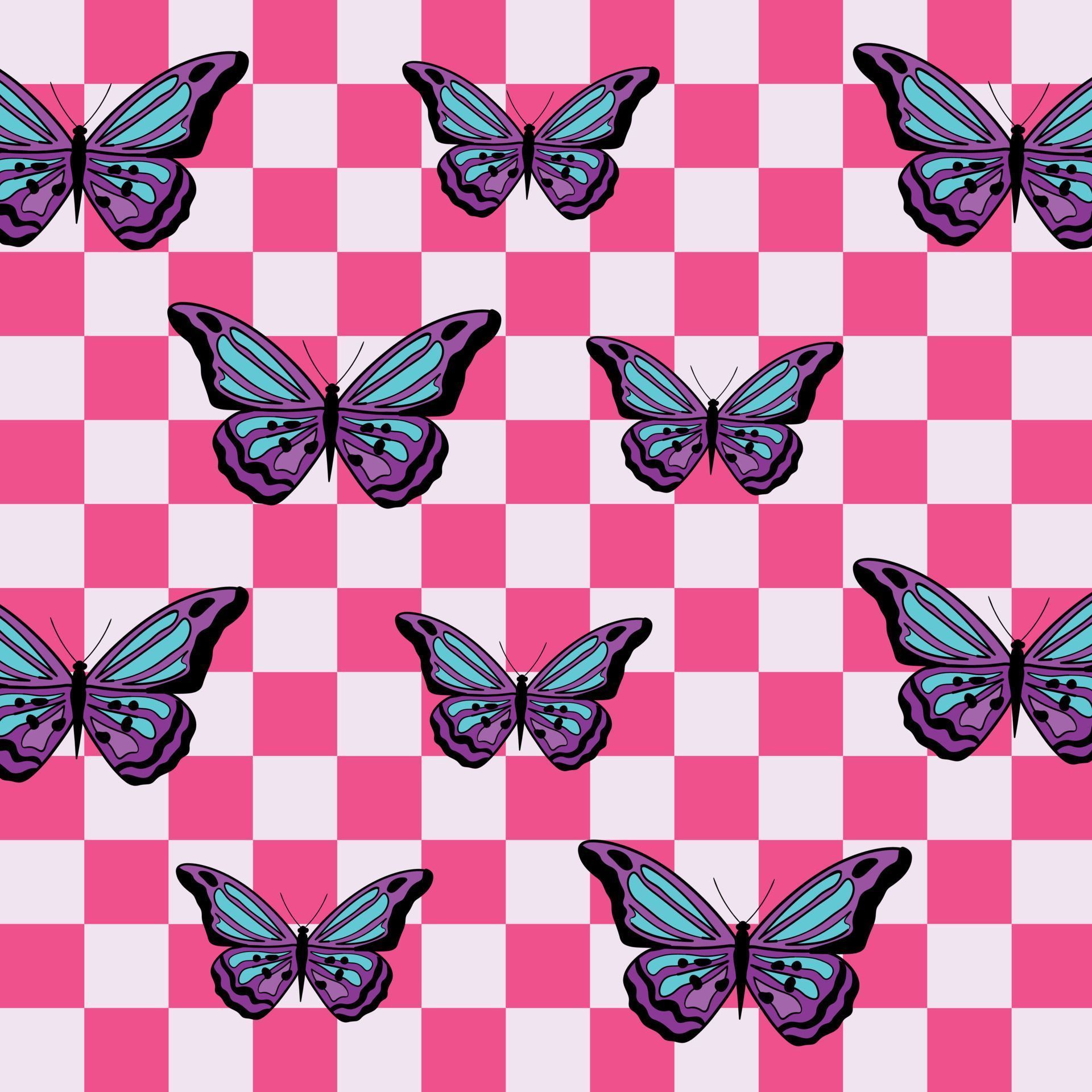 A repeating pattern of purple and blue butterflies on a pink and white checkered background - Emo, 2000s