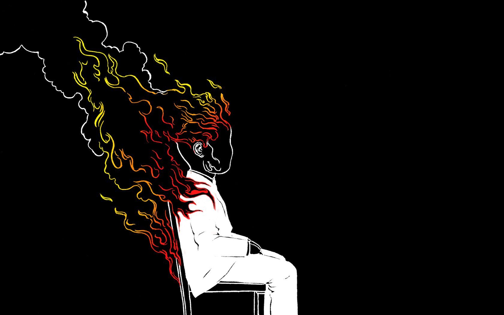 A woman sitting on a chair with a fire behind her - Emo