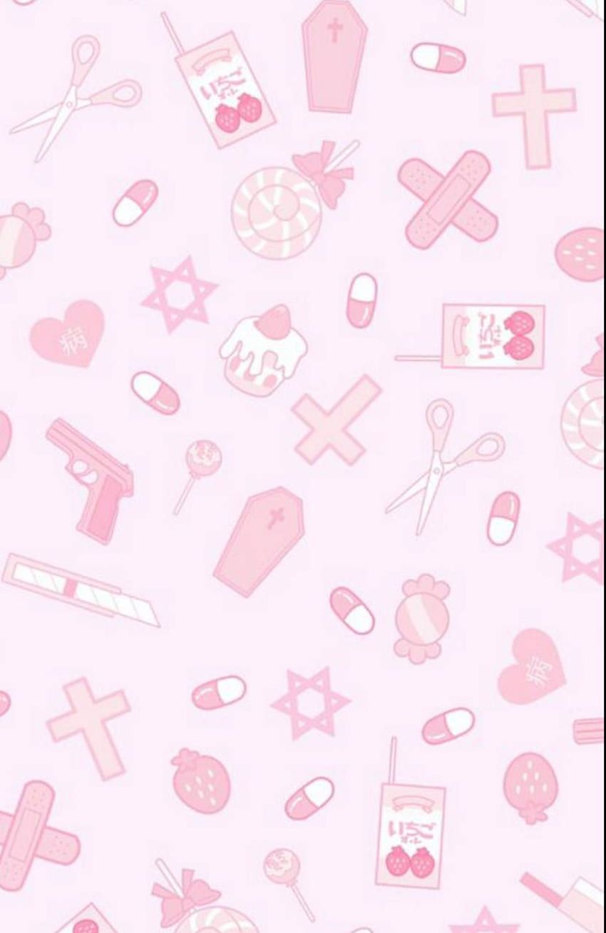 Aesthetic background of cute pastel pink images of a heart, scissors, a gun, a cross, a star of David, a coffin, a lollipop, a candy, a pill, a teddy bear, a knife, a handbag, a bottle, a cupcake, a candy cane, a cup, a toothbrush, a toothpaste, a medicine bottle, a band-aid, a star, and a pink heart - Emo