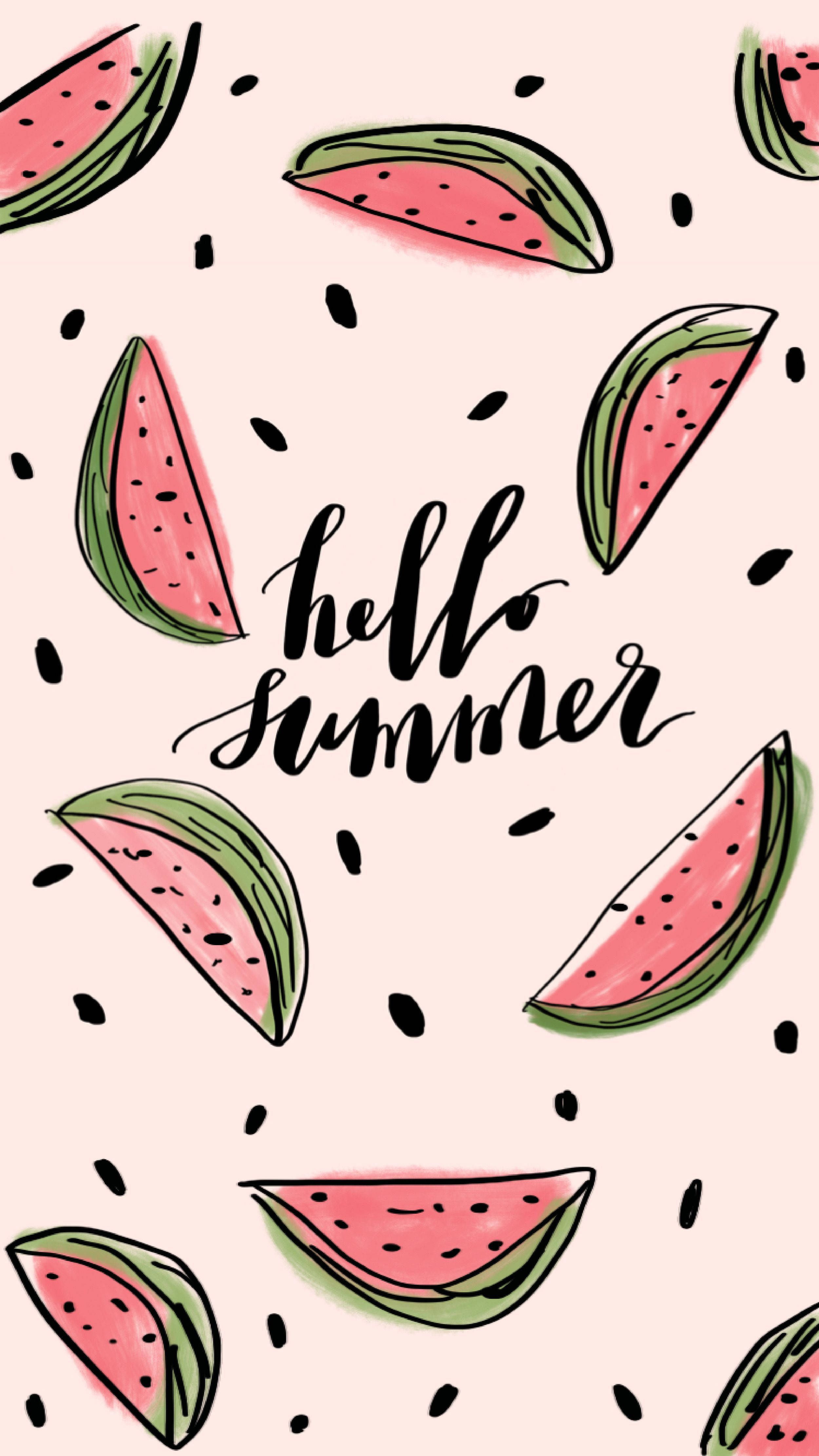 Hello summer wallpaper with watermelon slices on a light pink background - Watermelon, July